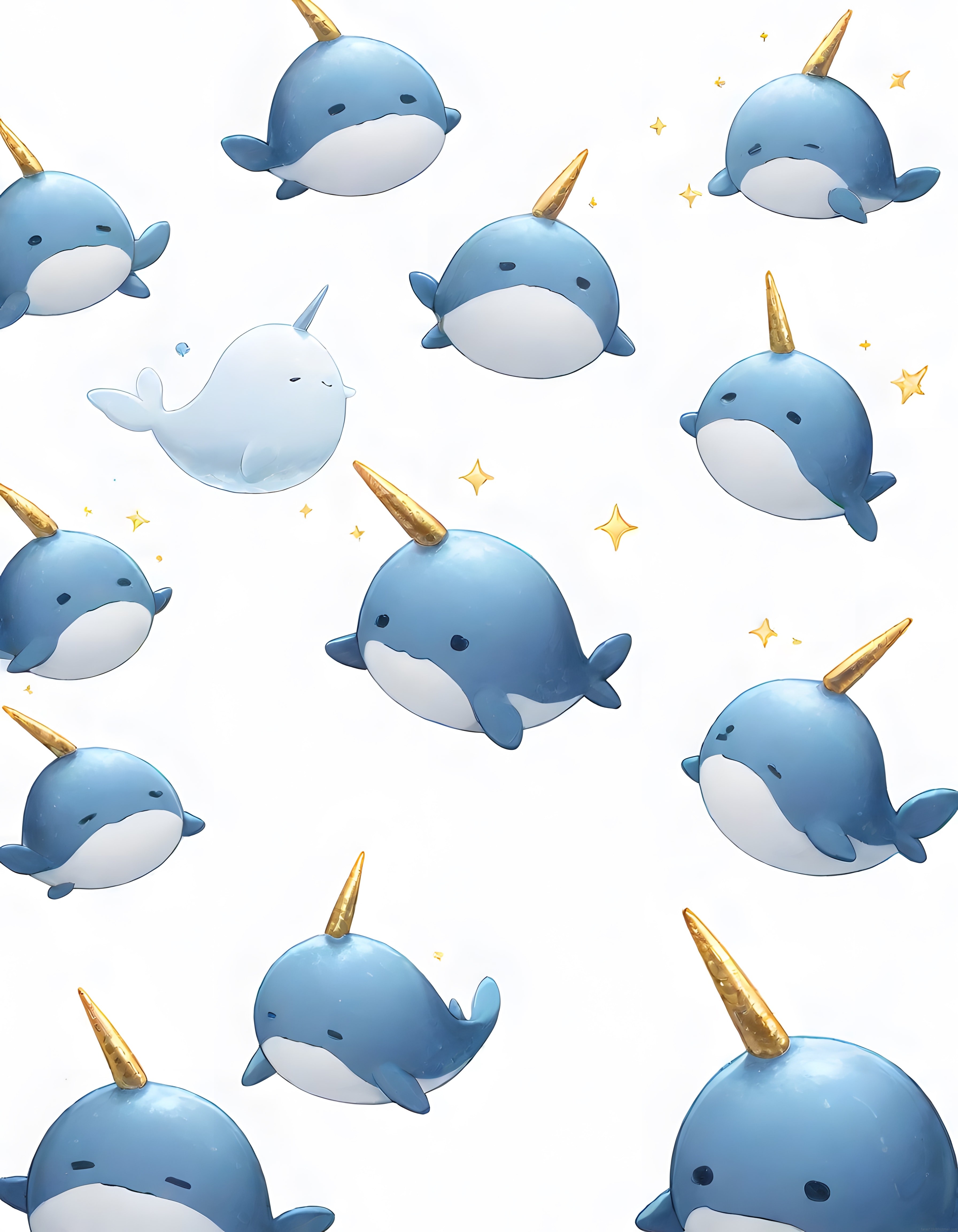 Altın boynuzlu sevimli narwhal balinaları dijital illüstrasyon deseni