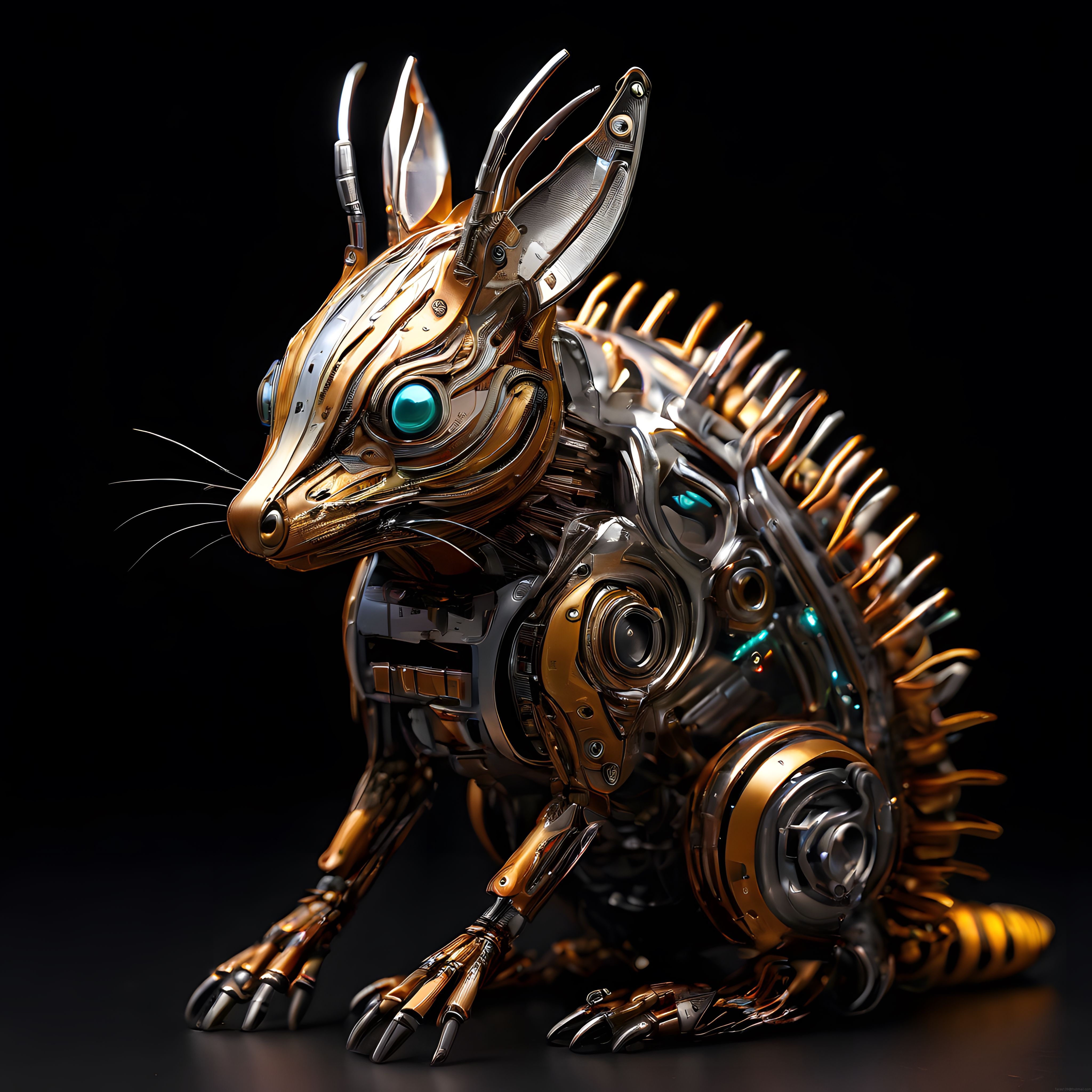 altın bronz mekanik tavşan robot: steampunk 3d dijital sanat