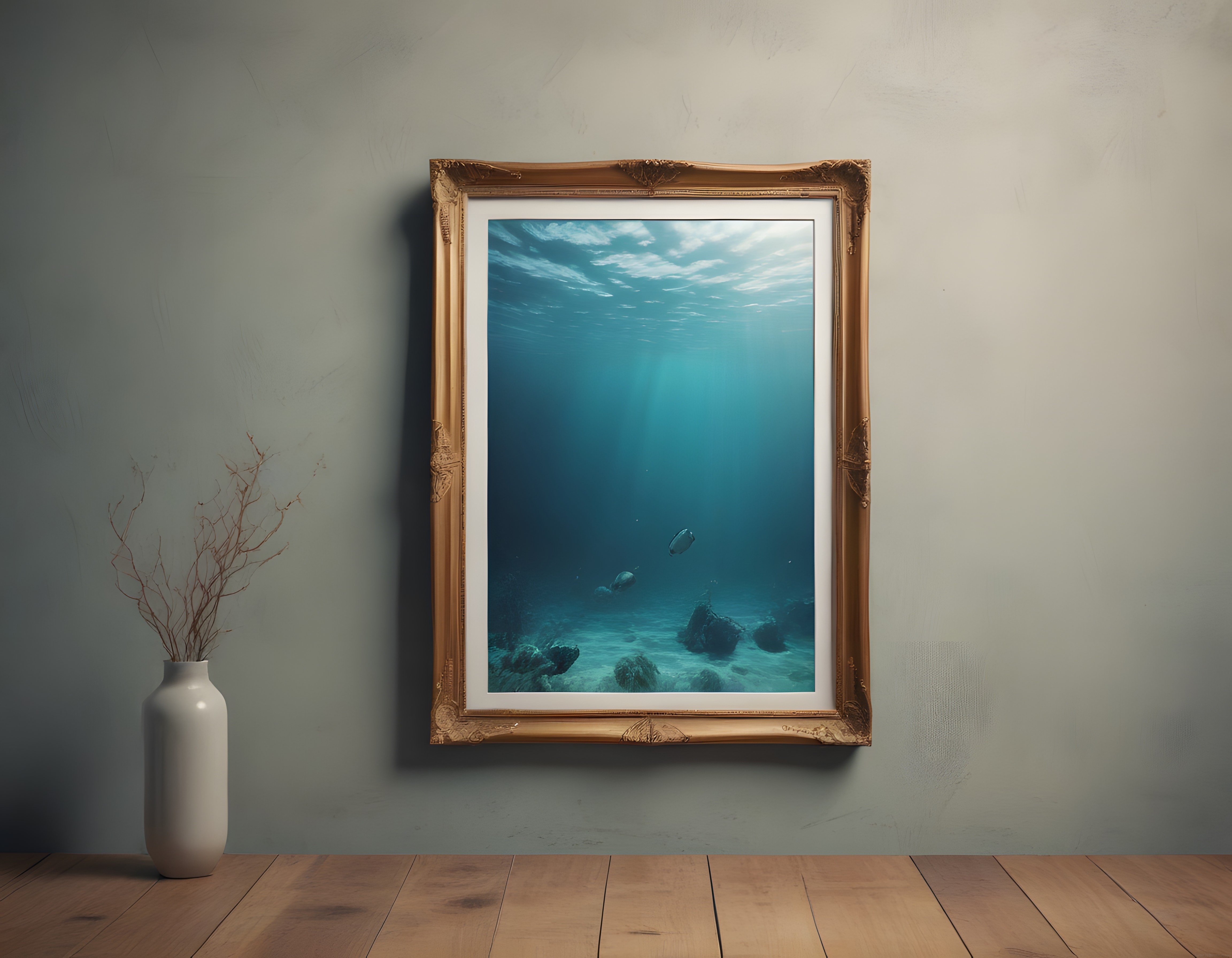 Altın Çerçevede Büyüleyici Sualtı Manzarası ve Minimalist Yaşam Alanı Dekoru