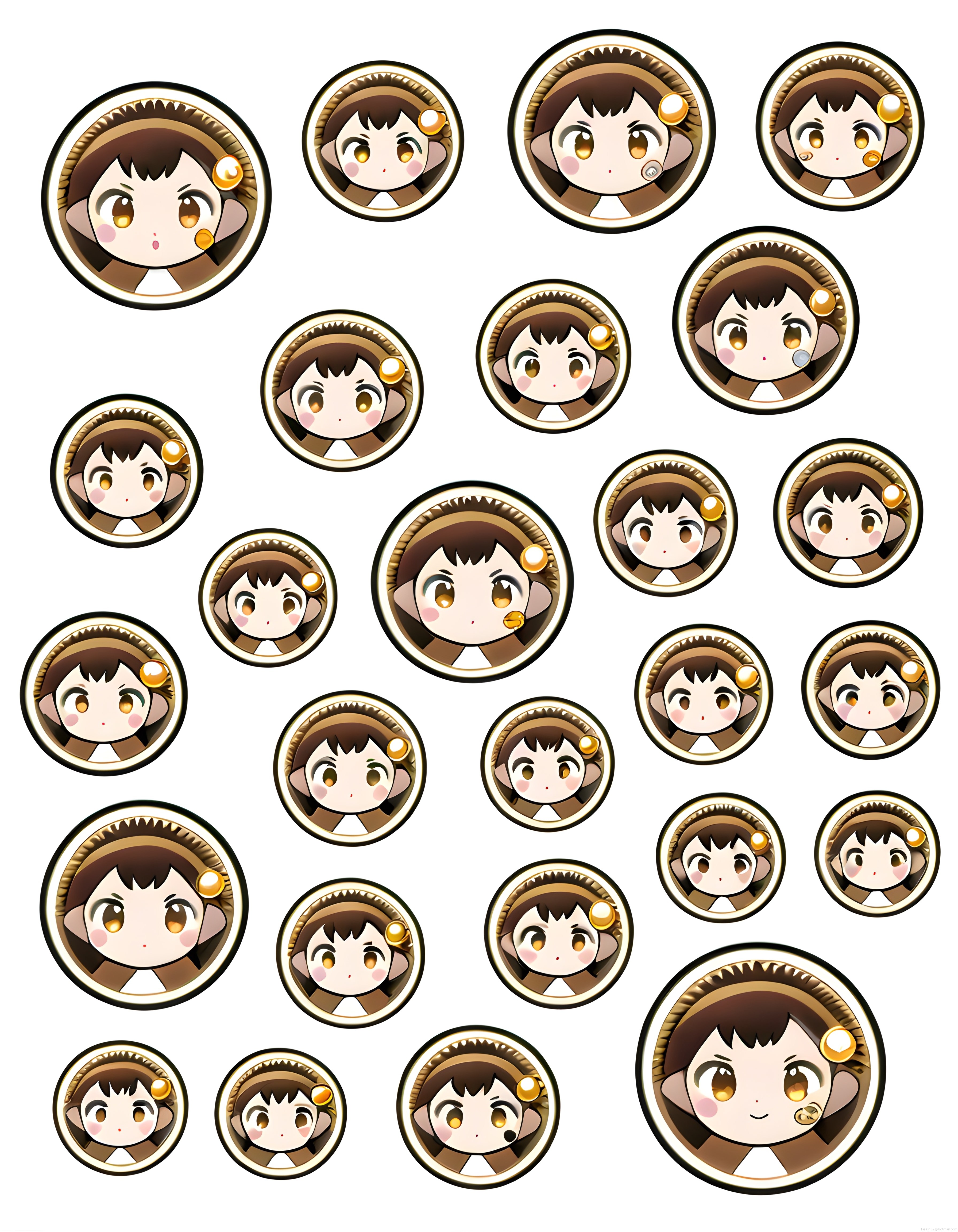Altın Çerçeveli Anime Chibi Kız Rozetleri ve Farklı Duygu İfadeleri İçeren Set
