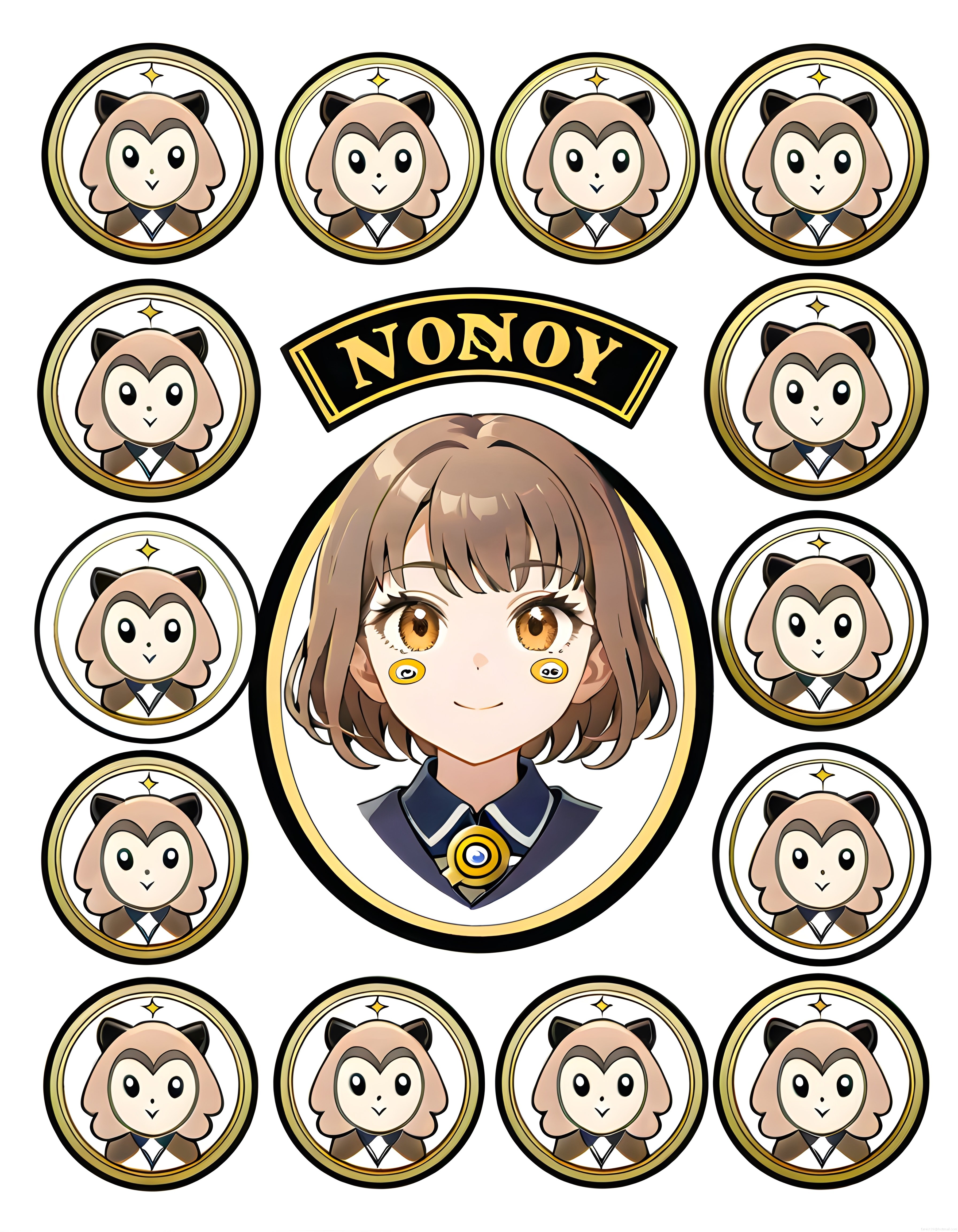 Altın Çerçeveli Anime Karakter Portresi ve NONOY Maskot Sticker Koleksiyonu