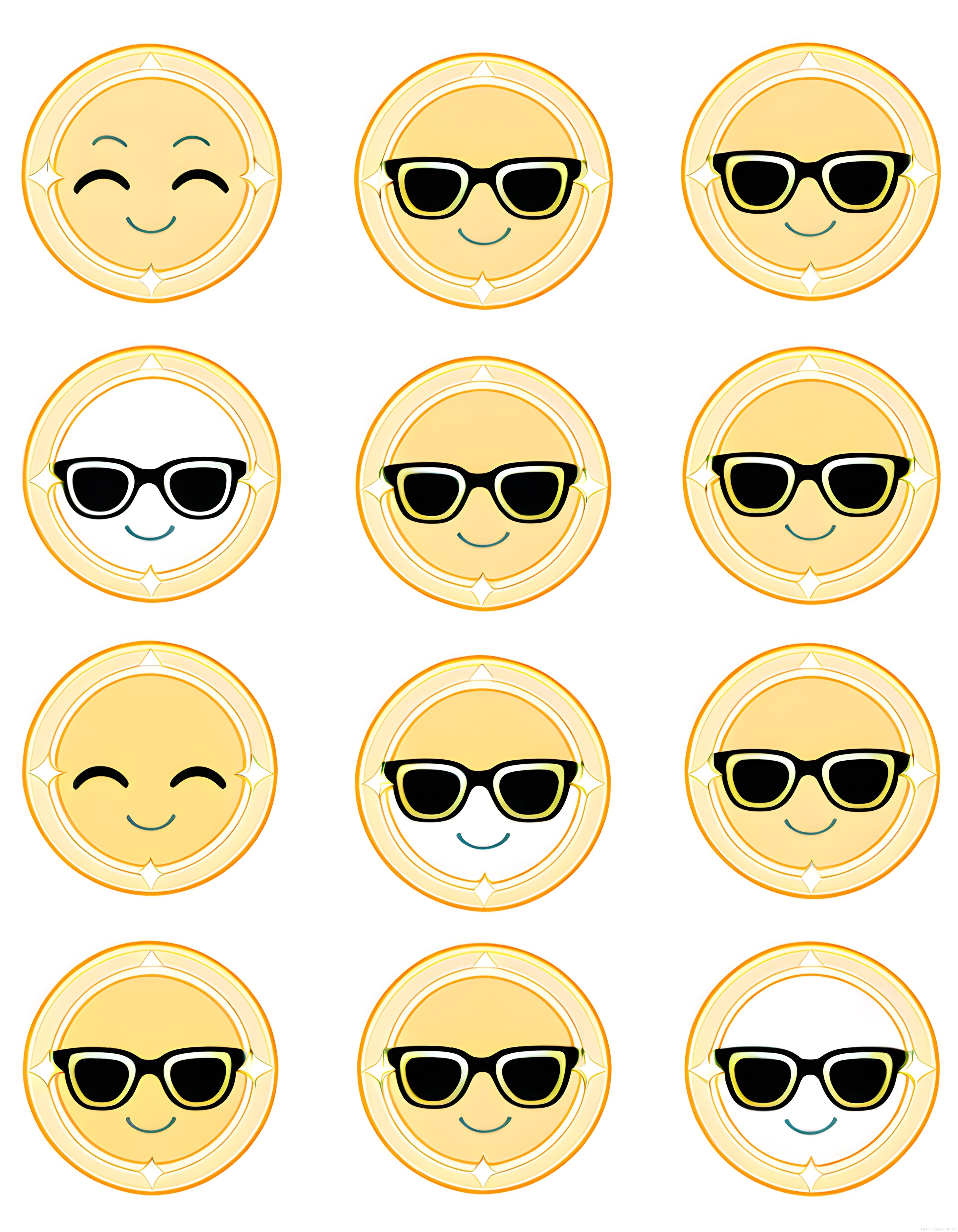 Altın Çerçeveli Yaz Temalı Güneş Emoji ve Avatar Karakter Seti