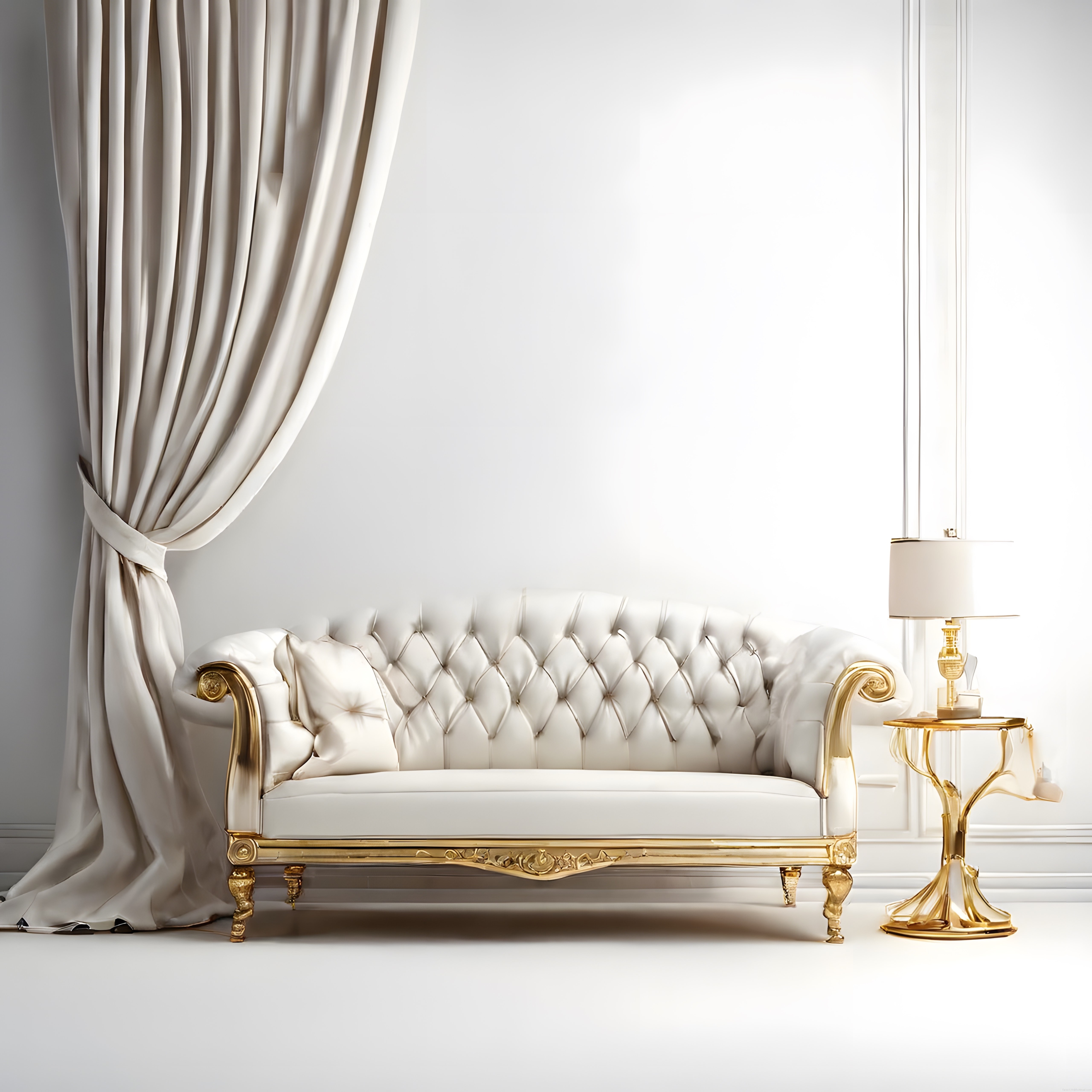 Altın Detaylı Beyaz Chesterfield Koltuk ve Lüks Salon Dekorasyonu