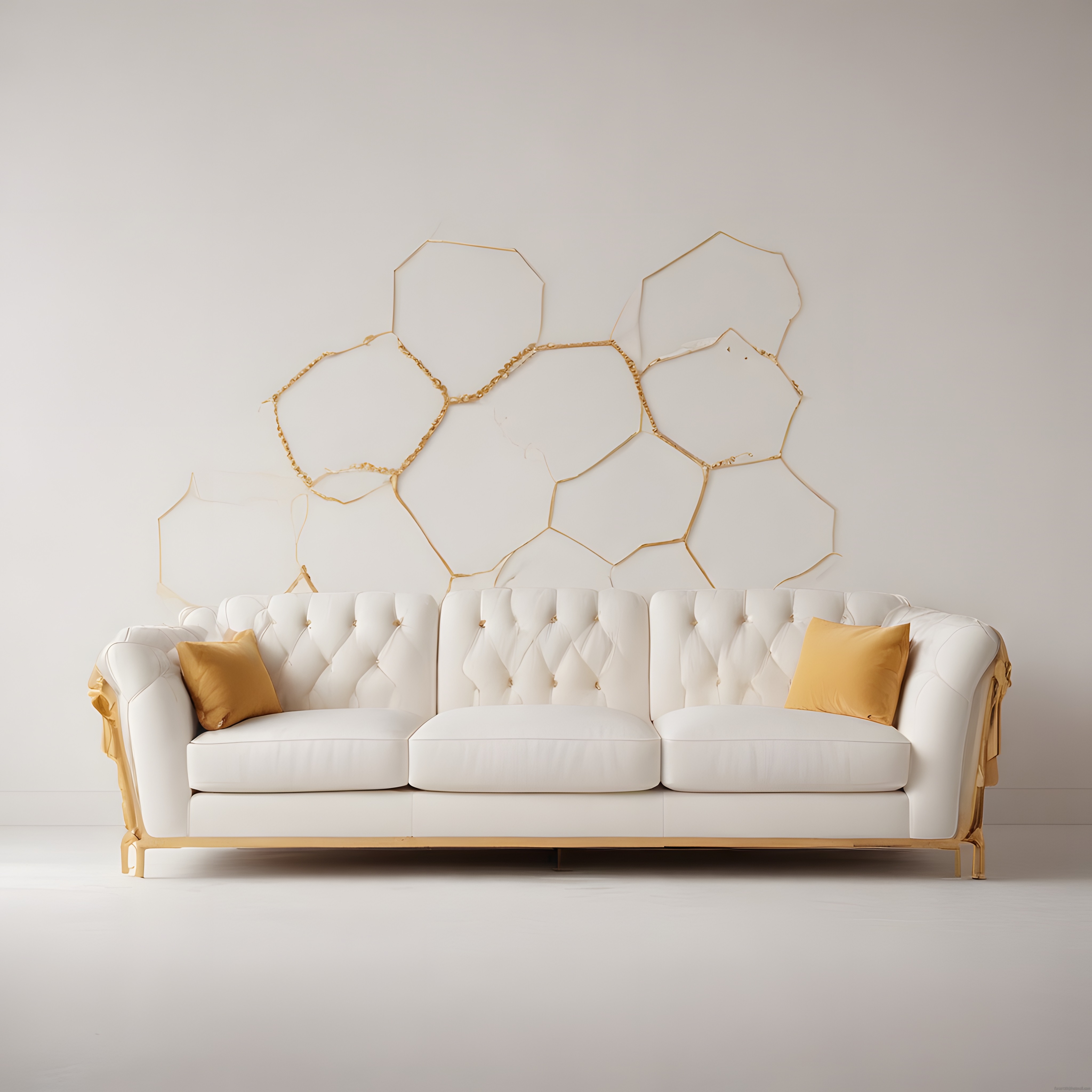 Altın Detaylı Beyaz Chesterfield Koltuk ve Minimalist Salon Dekoru