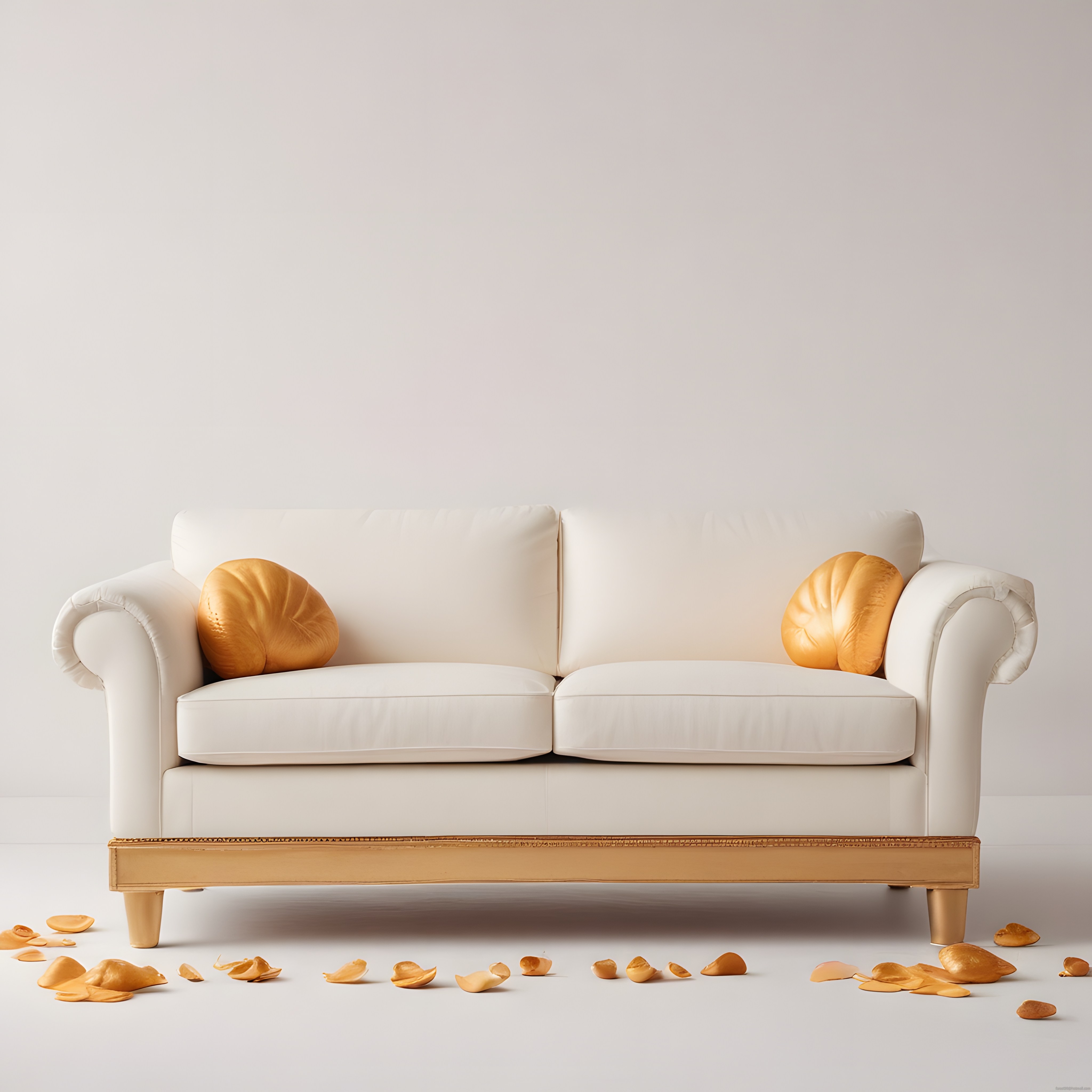 Altın Detaylı Beyaz Kanepe ve Yapraklarla Lüks Minimalist Salon Dekorasyonu