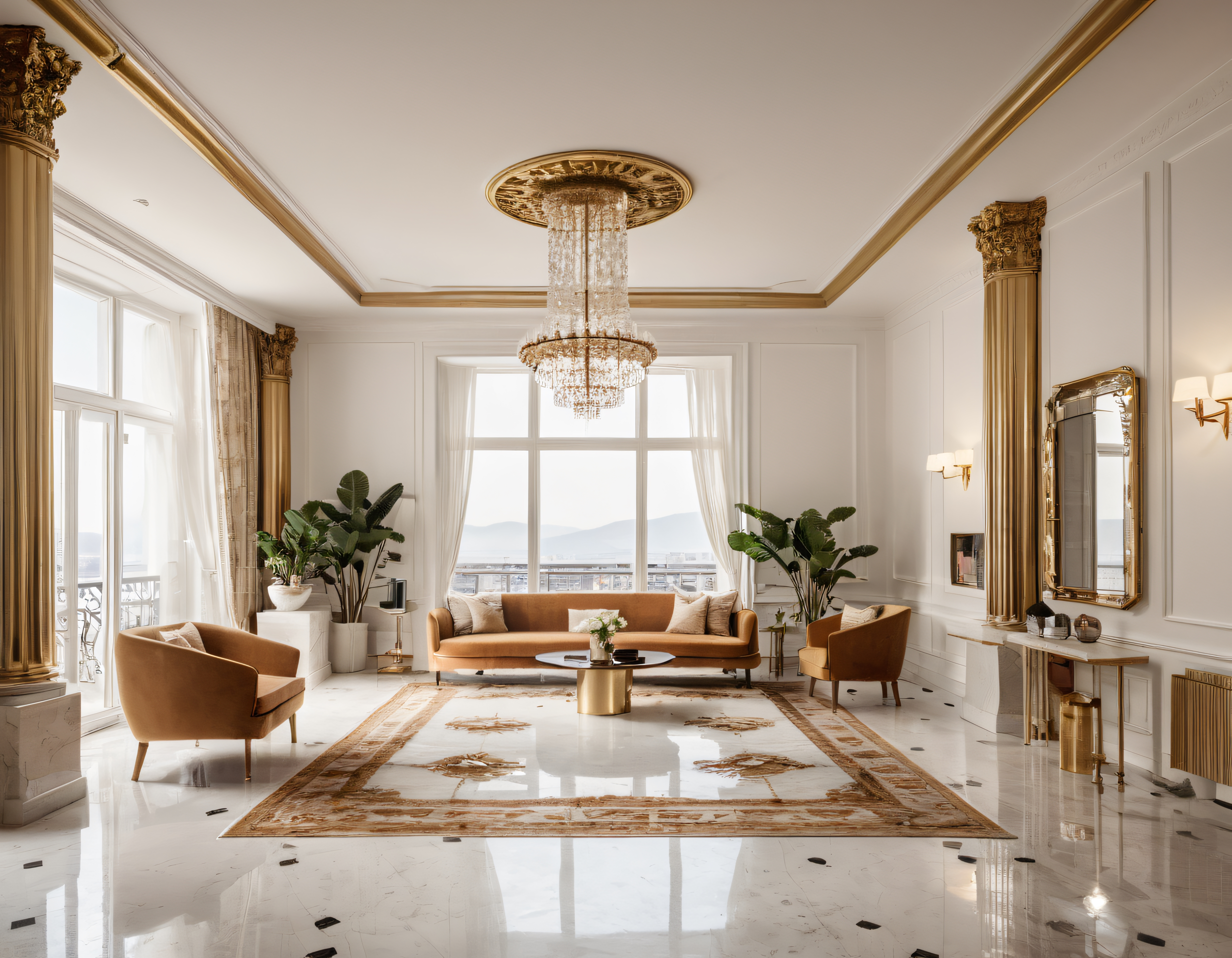 Altın Detaylı Lüks Otel Lobisi ve Klasik Beyaz Mermer İç Mekan Tasarımı