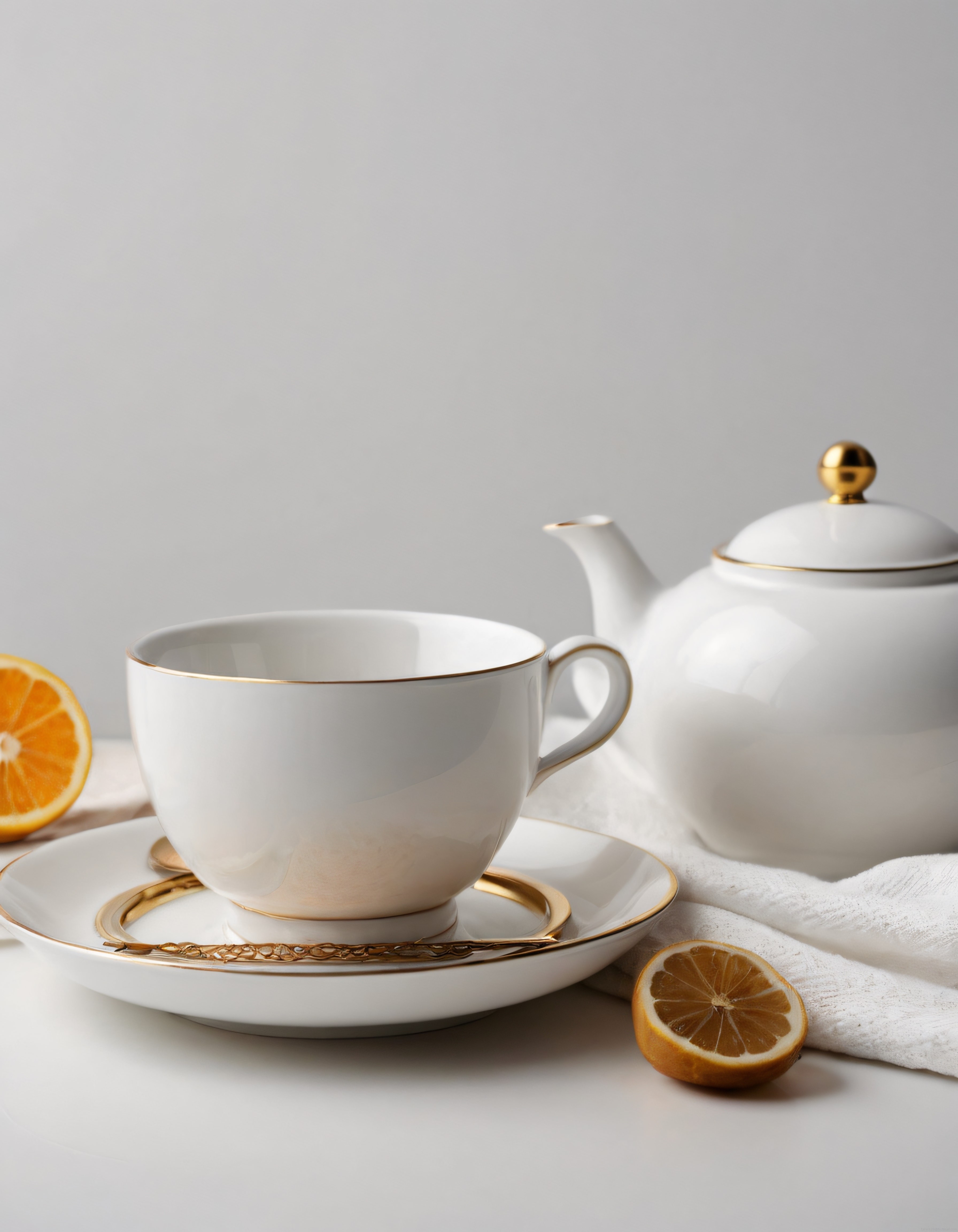 Altın Detaylı Porselen Çay Seti ve Taze Limon ile Huzurlu Bir Çay Molası