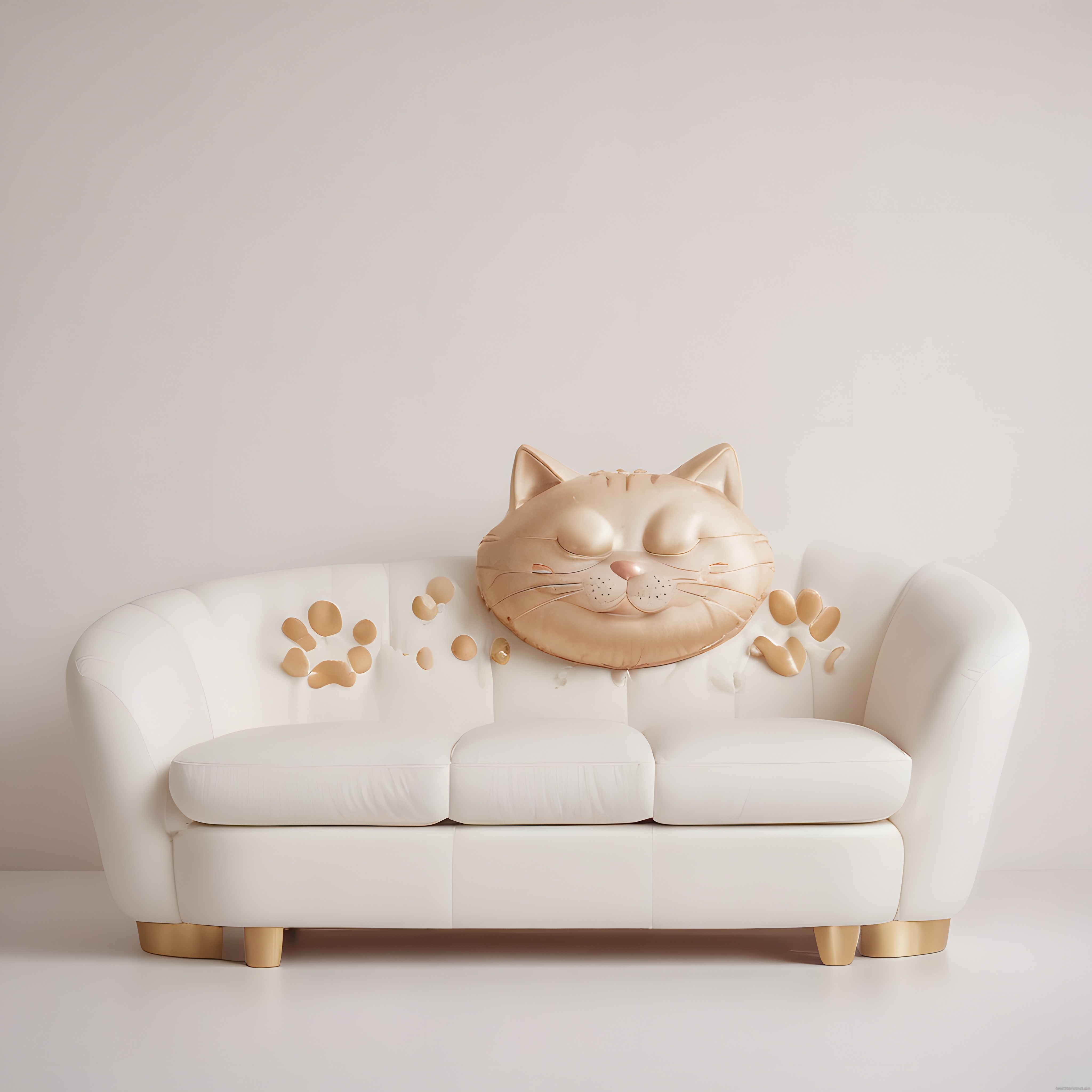 Altın Detaylı Şişme Kedi Yastık ve Beyaz Kanepe ile Modern Dekorasyon Fikri