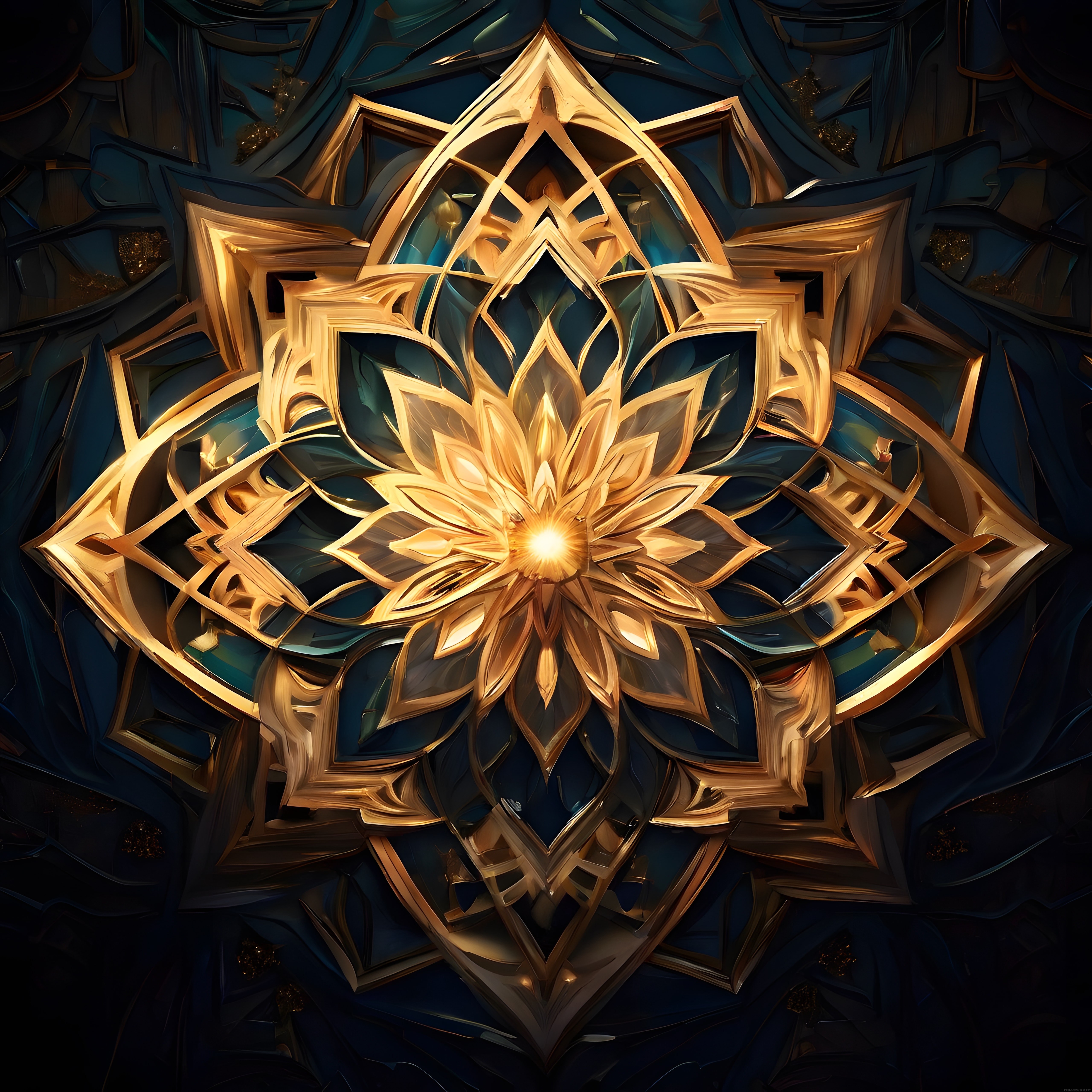 Altın Geometrik Desenli Lotus Mandala ve Mistik Dijital Sanat