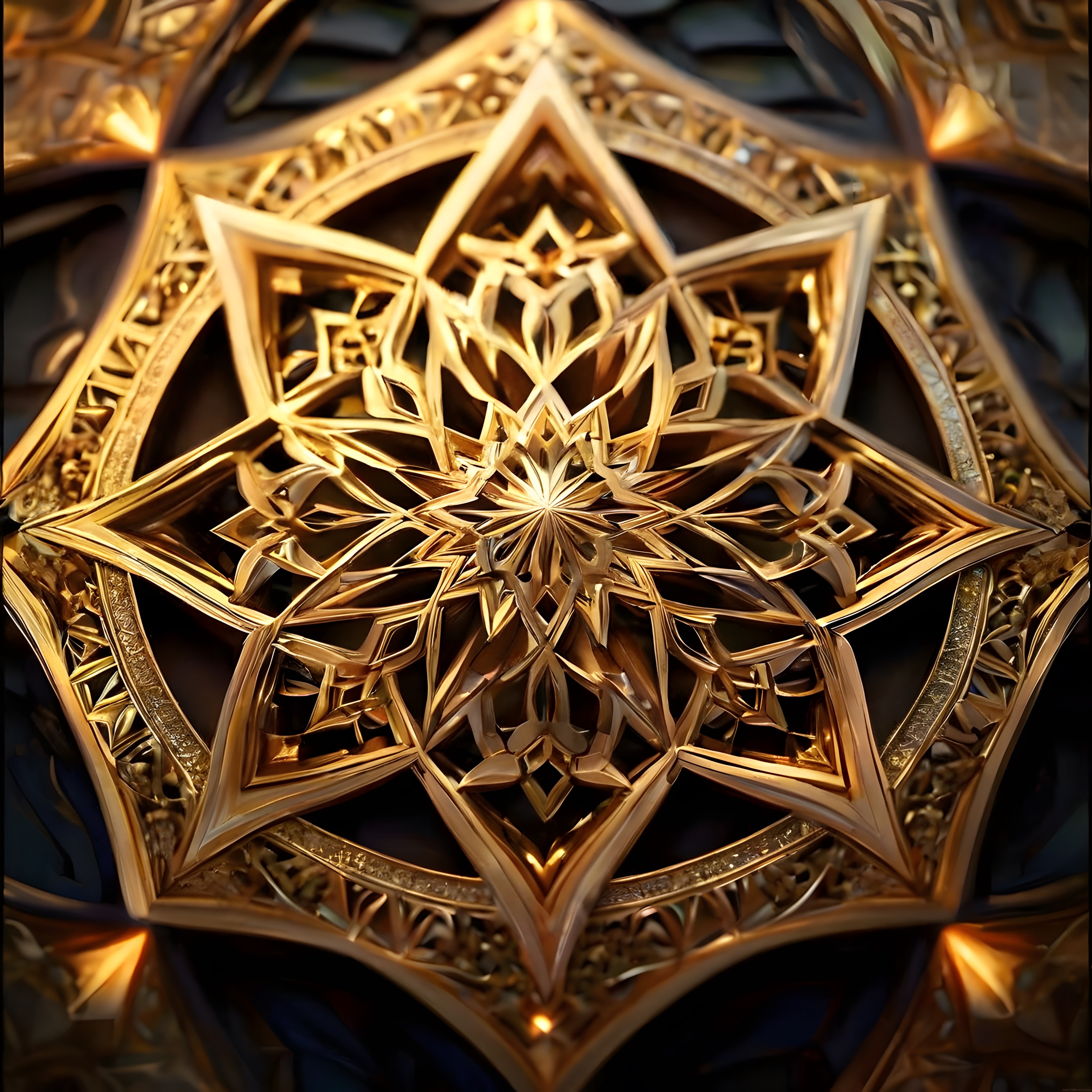 altın geometrik yıldız desenli mandala tarzı 3d dijital sanat kompozisyonu