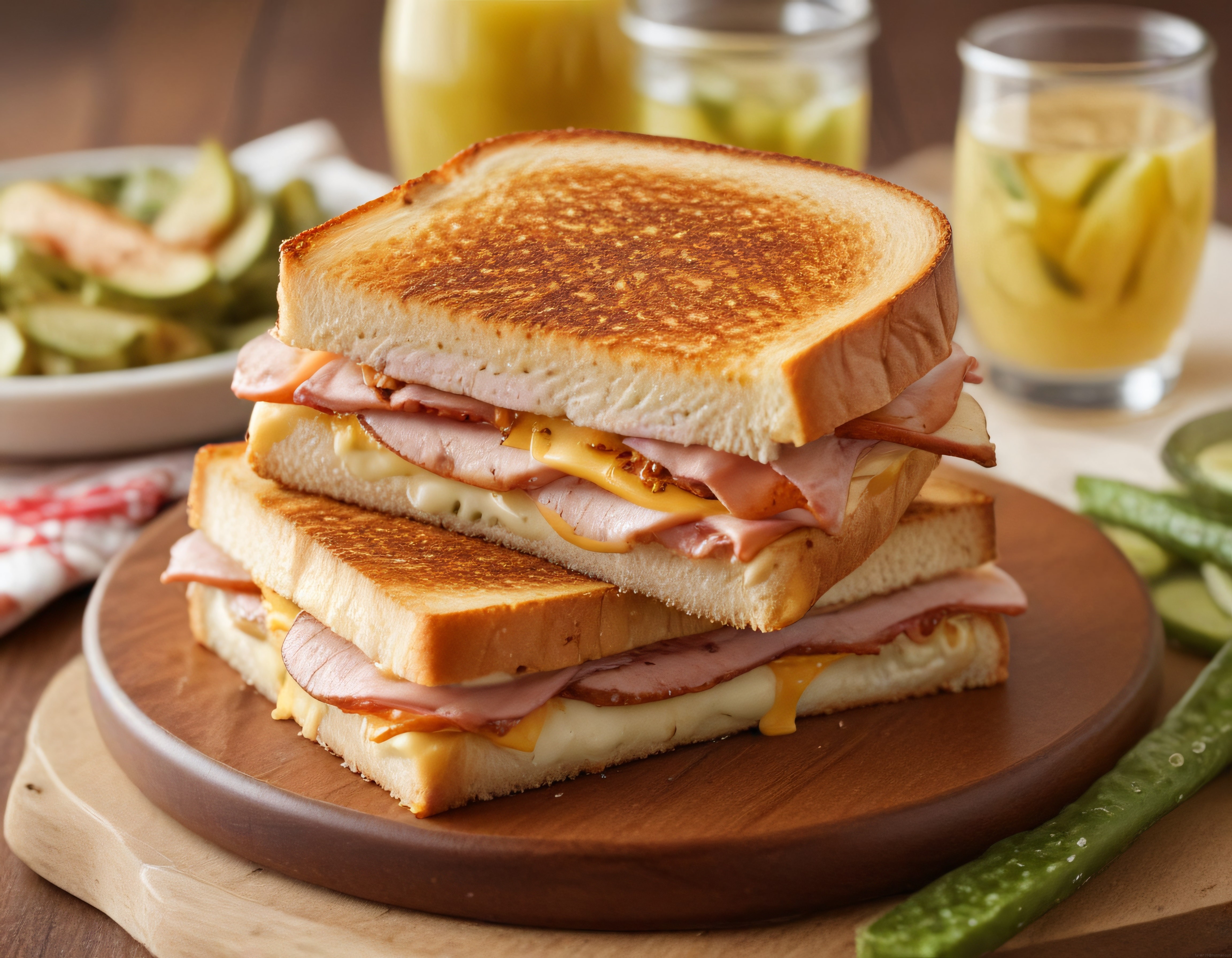 Altın gibi kızarmış jambonlu peynirli tost sandviç ve kahvaltı eşlikçileri