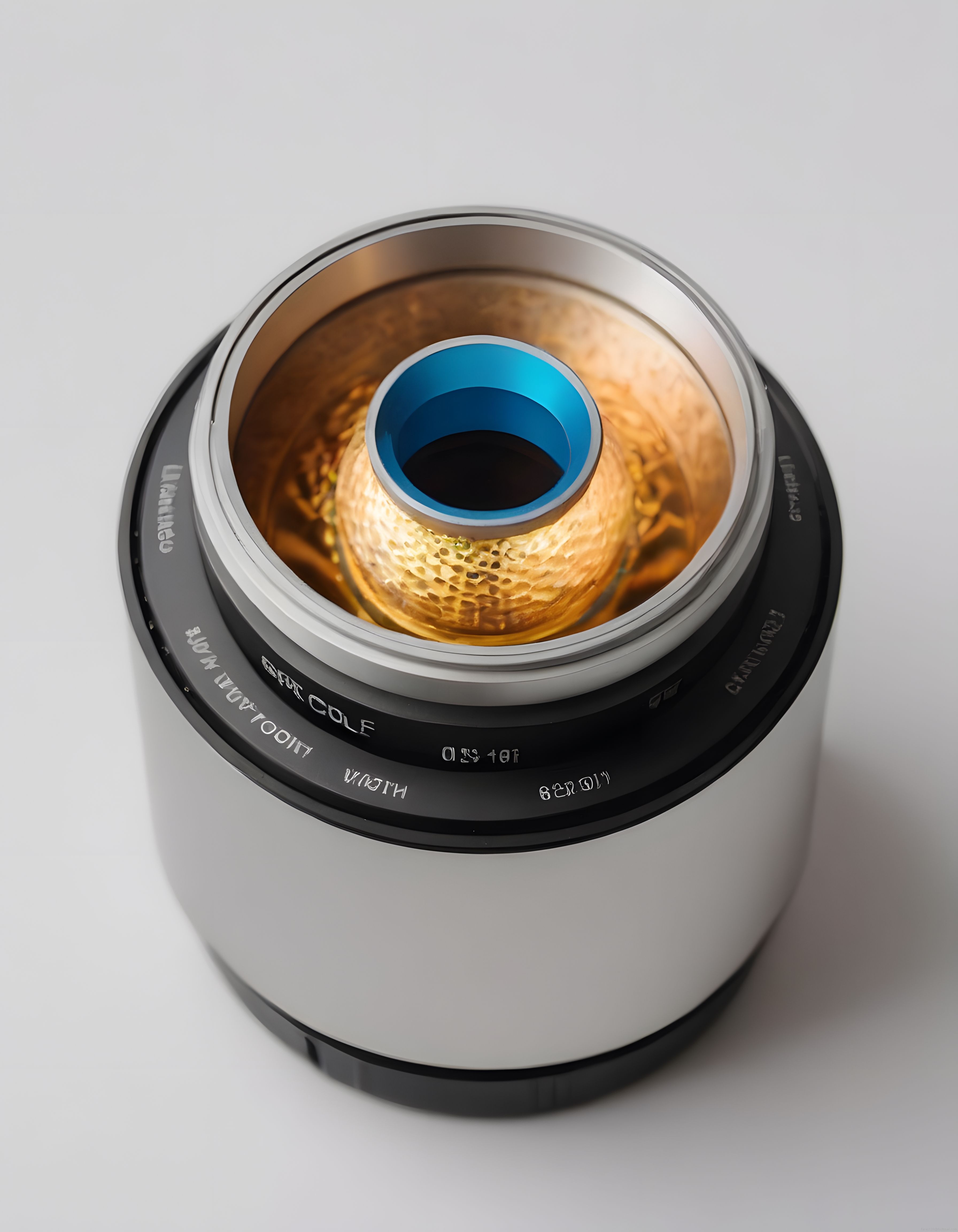 Altın golf topunun optik lens içindeki etkileyici makro fotoğraf çekimi