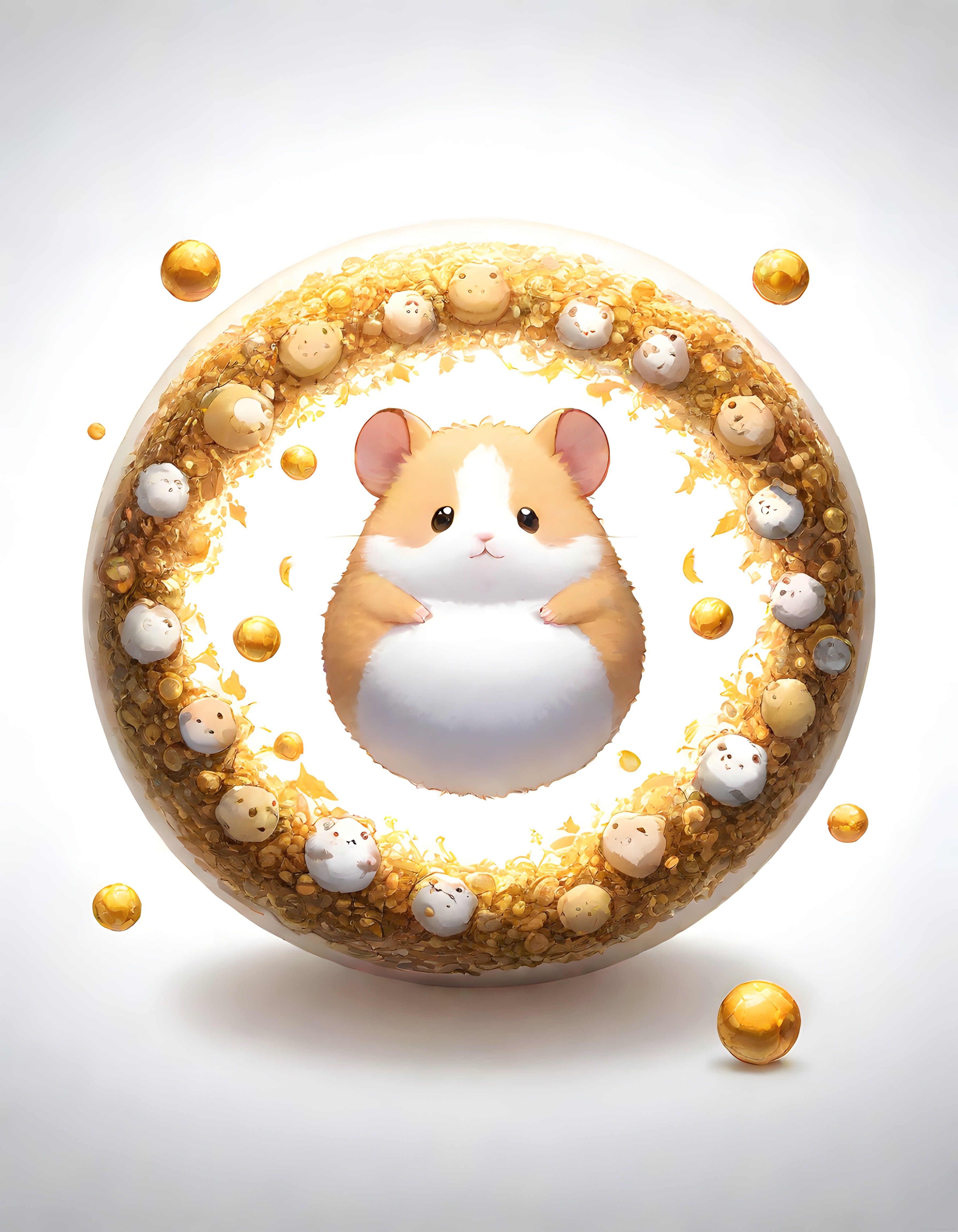 Altın Halka İçinde Oturan Tombul Hamster ve Minik Sevimli Dostları 3D Sanat