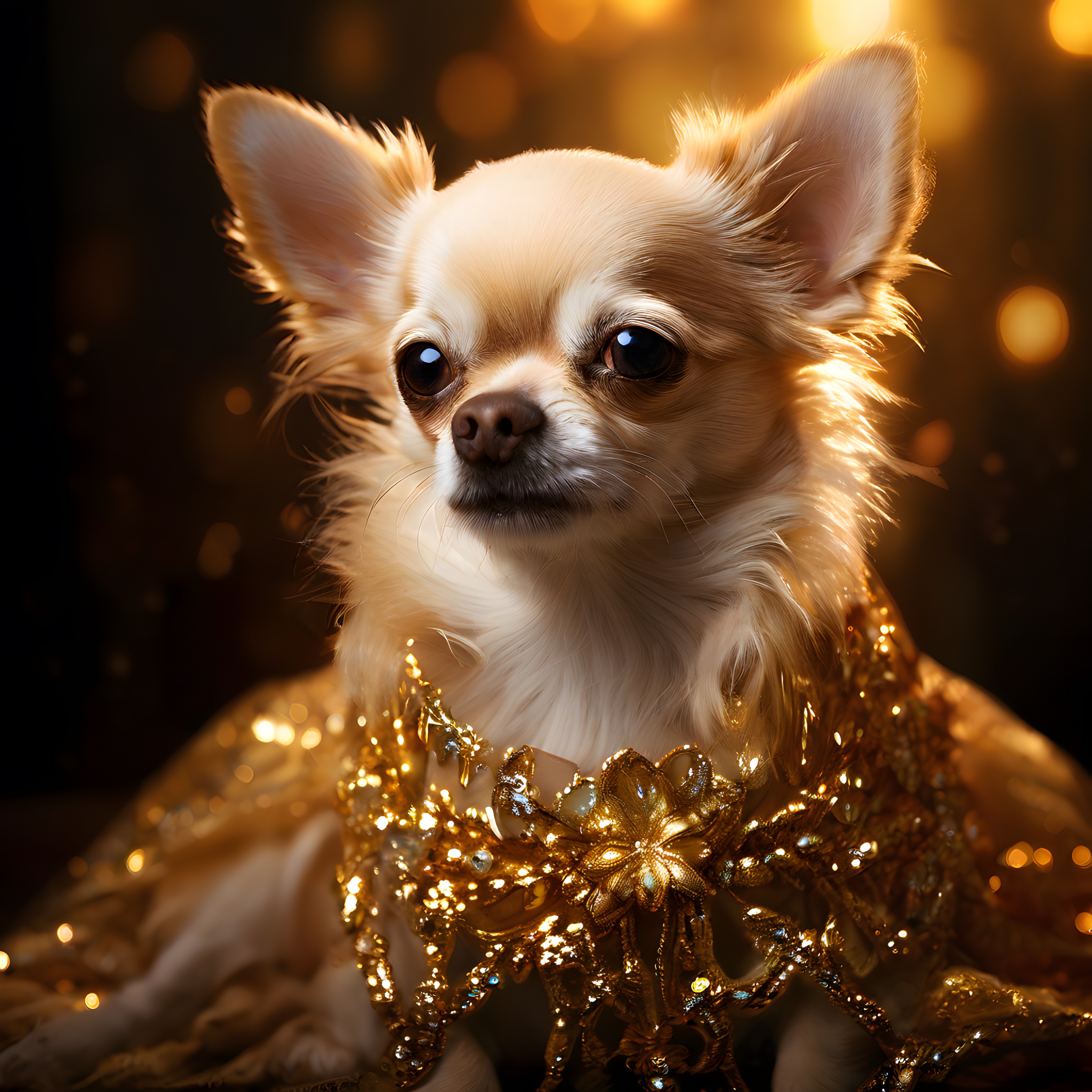 Altın Işıklar İçinde Süslü Yaka Takan Sevimli Chihuahua Köpek Portresi