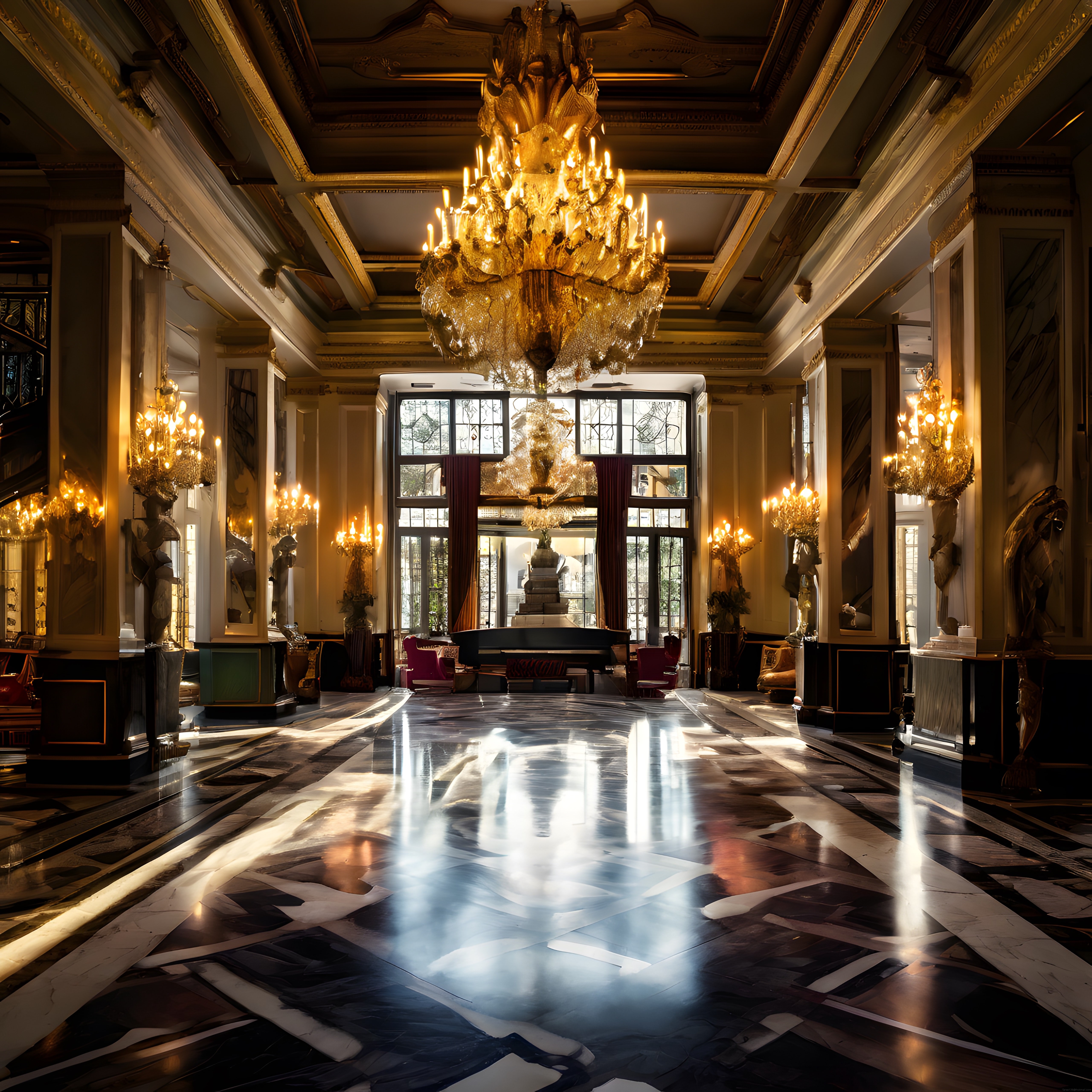 Altın Işıklı Muhteşem Otel Lobisi ve Kristal Avizelerle Görkemli Salon