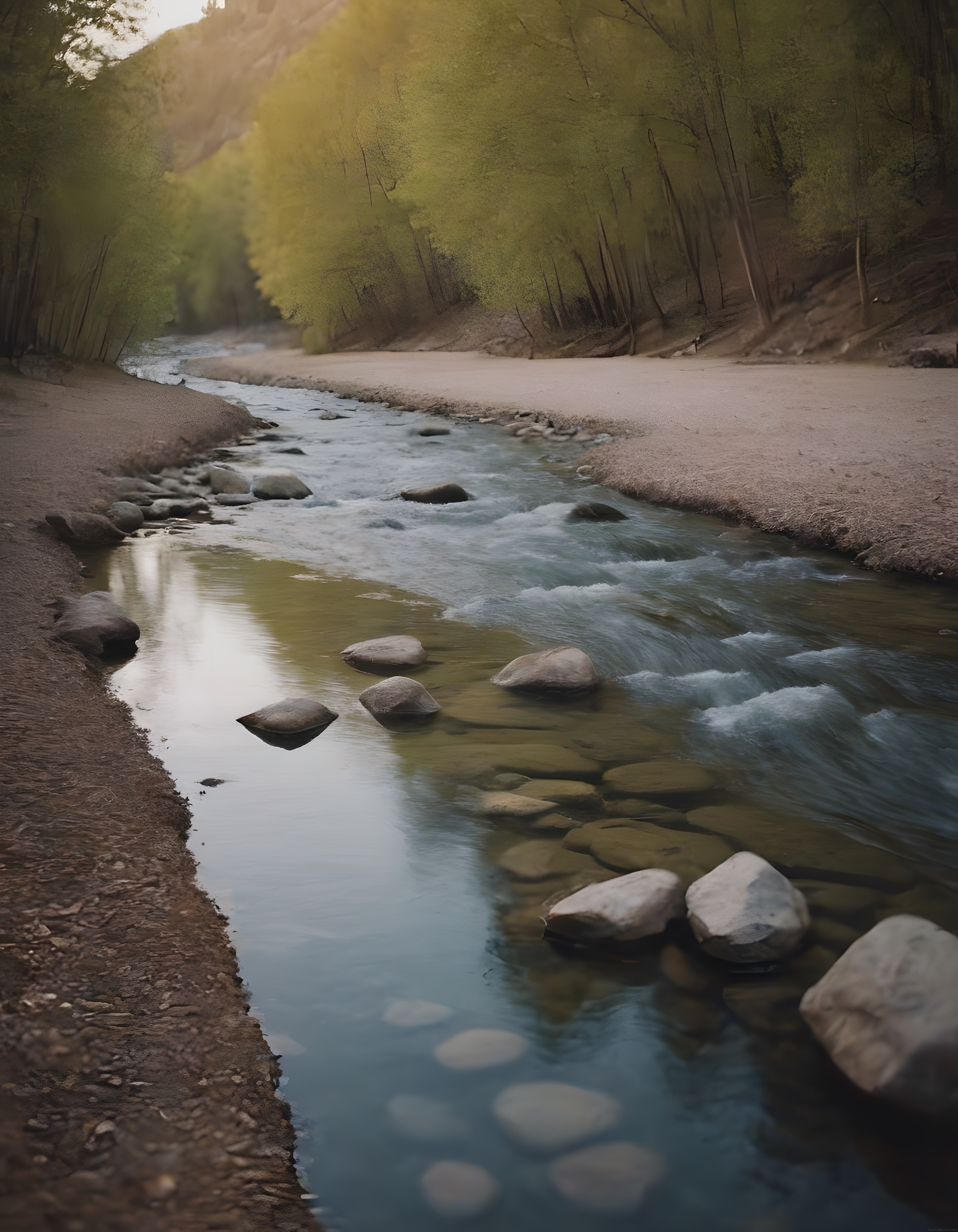 Altın Işıklı Nehir Vadisinde Sabah Sükuneti ve Huzur Dolu Doğa Manzarası