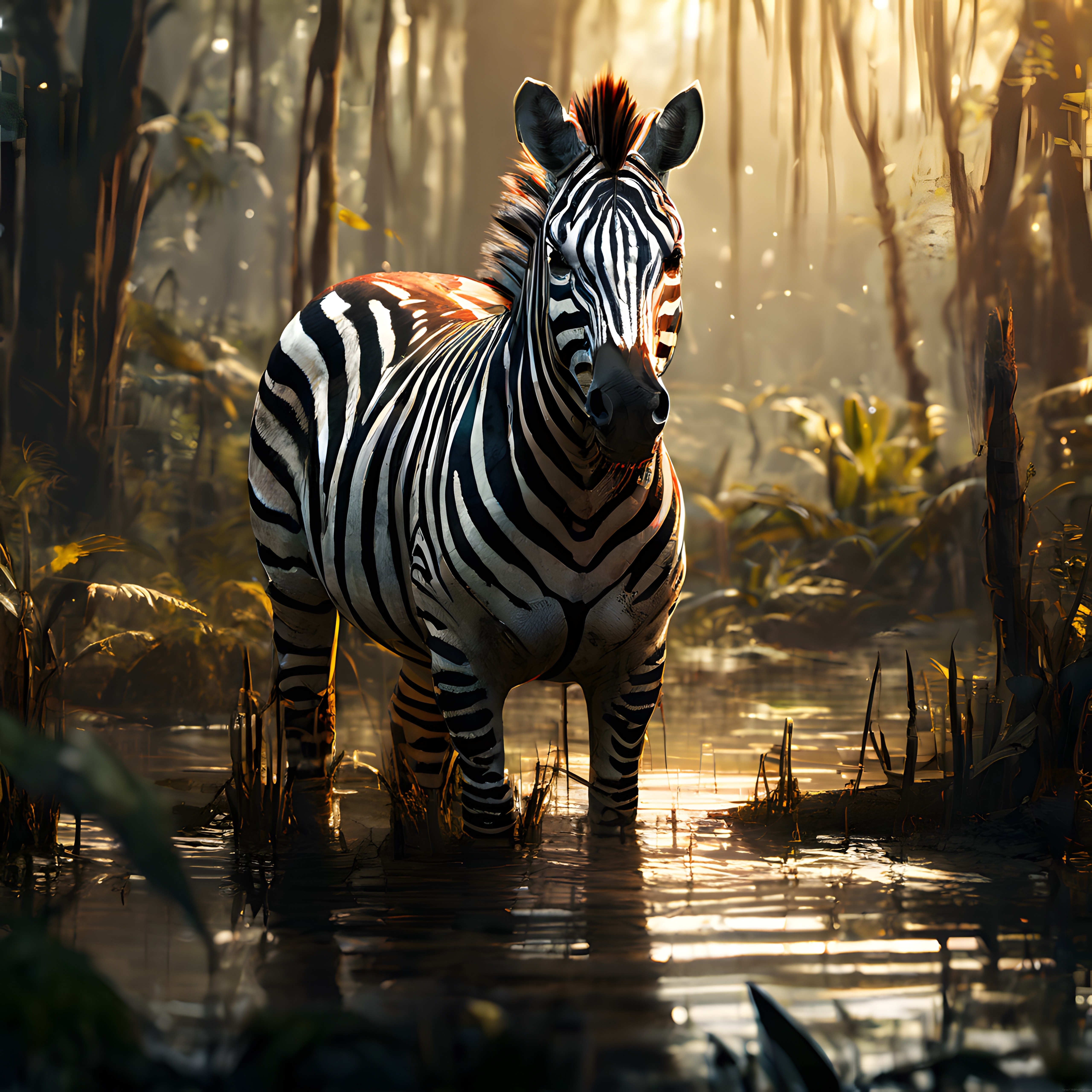 Altın Işıklı Sisli Ormanda Su Birikintisinin İçinde Duran Zebra
