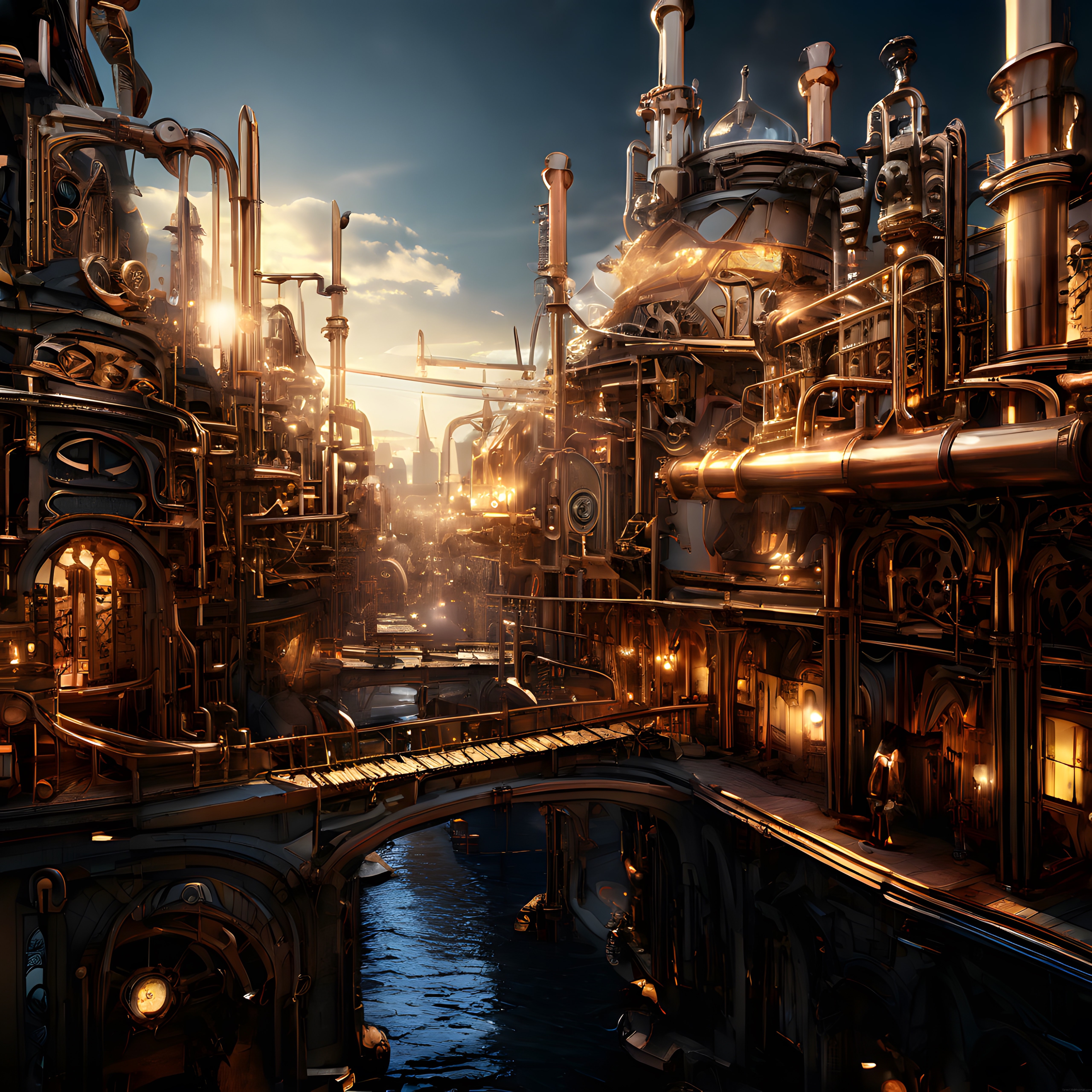 Altın Işıklı Steampunk Şehri: Fantastik Dijital Sanat Manzarası