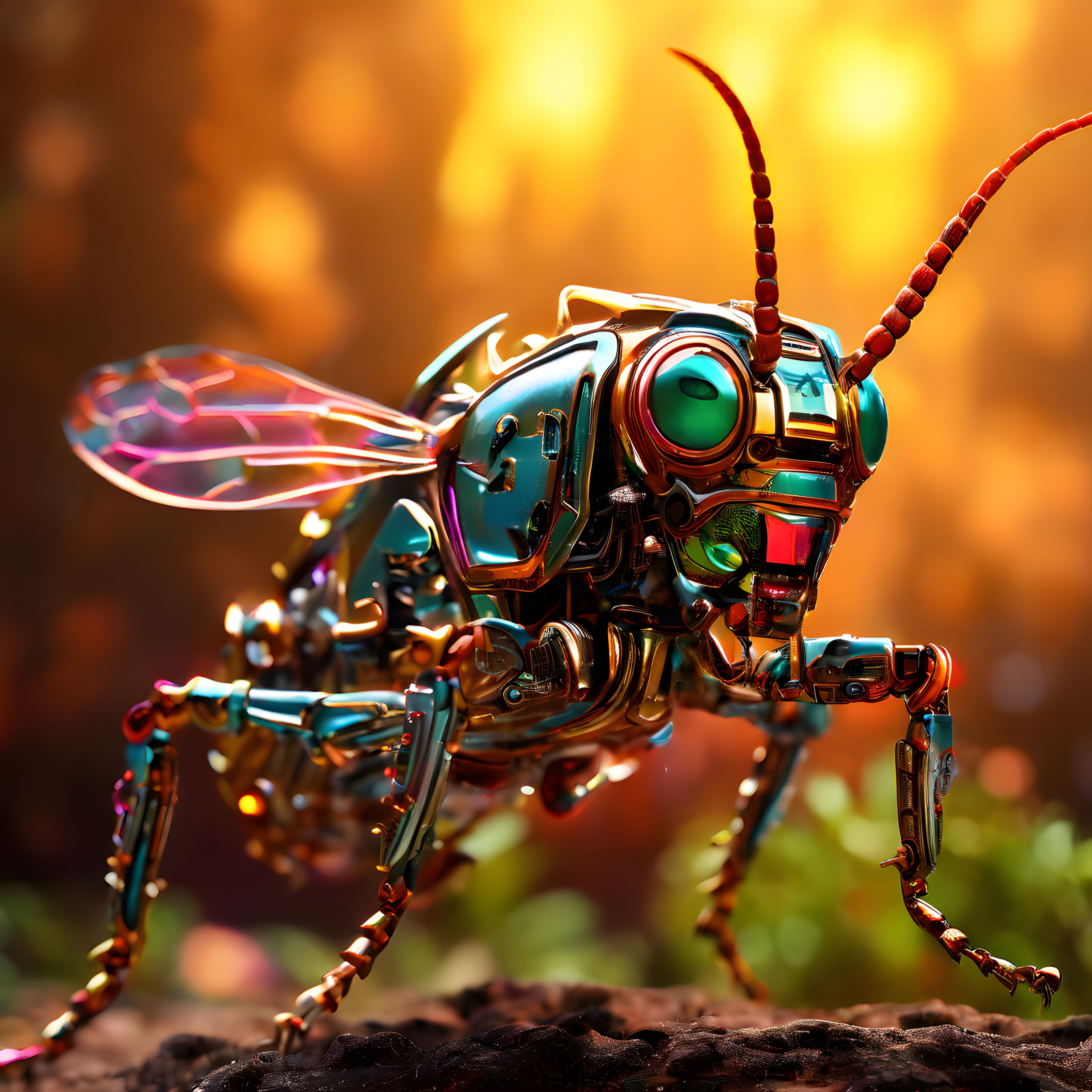 Altın Işıkta Parlayan Biyomekanik Böcek Robotunun Detaylı 3D Görseli