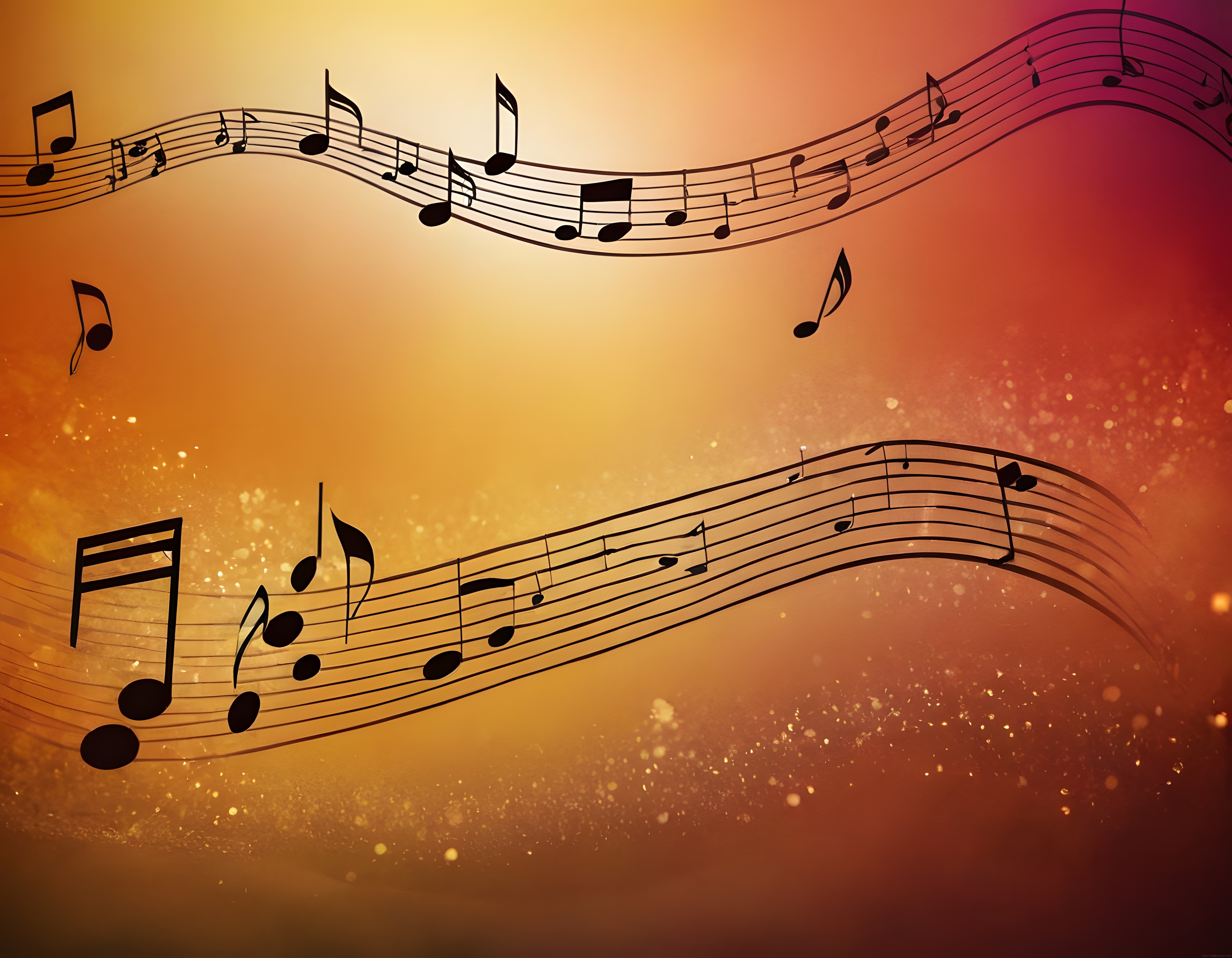 Altın Işıltılı Arka Planda Uçan Müzik Notaları ve Porte Çizgileri