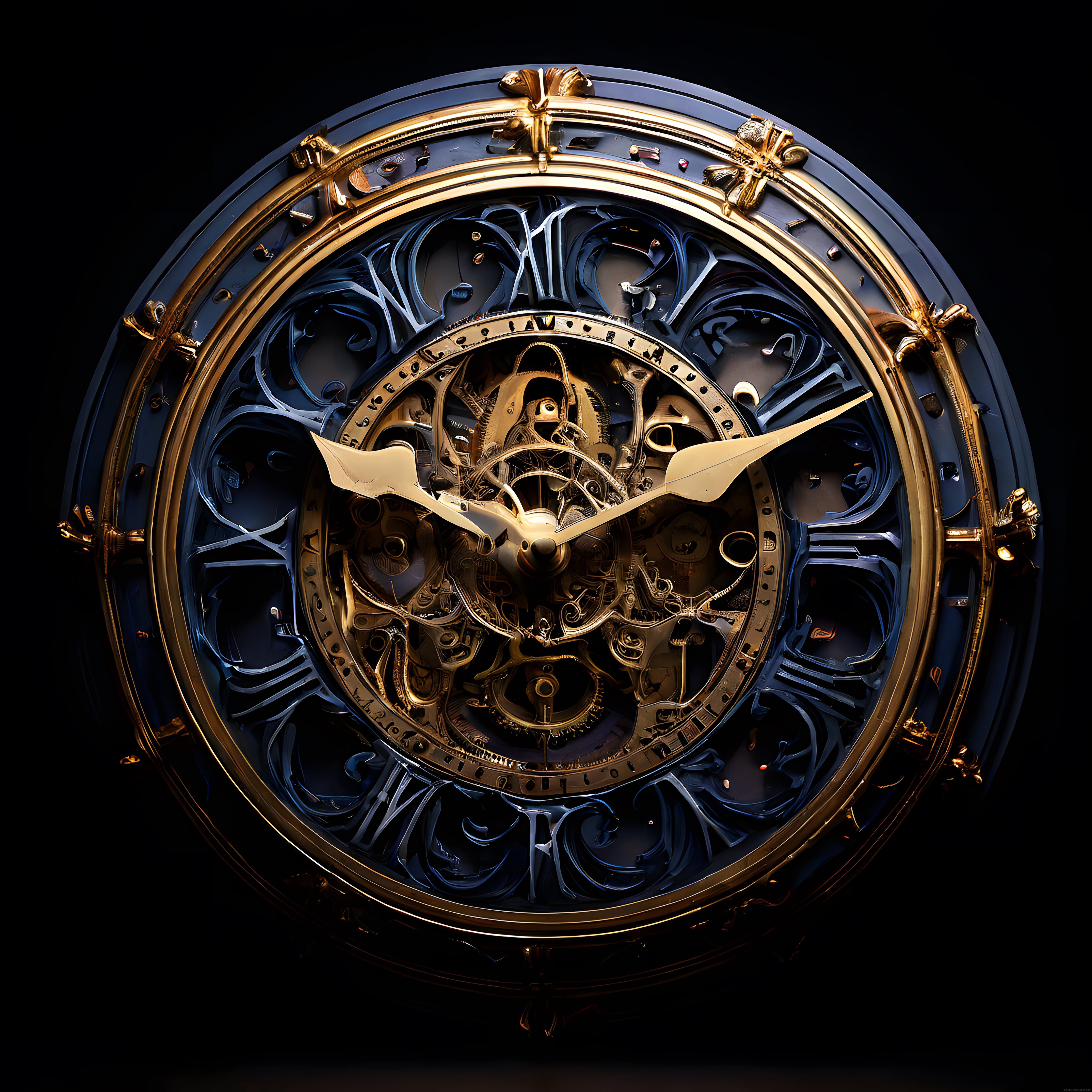 Altın işlemeli fantastik steampunk saat mekanizması ve karanlık arka plan detayı