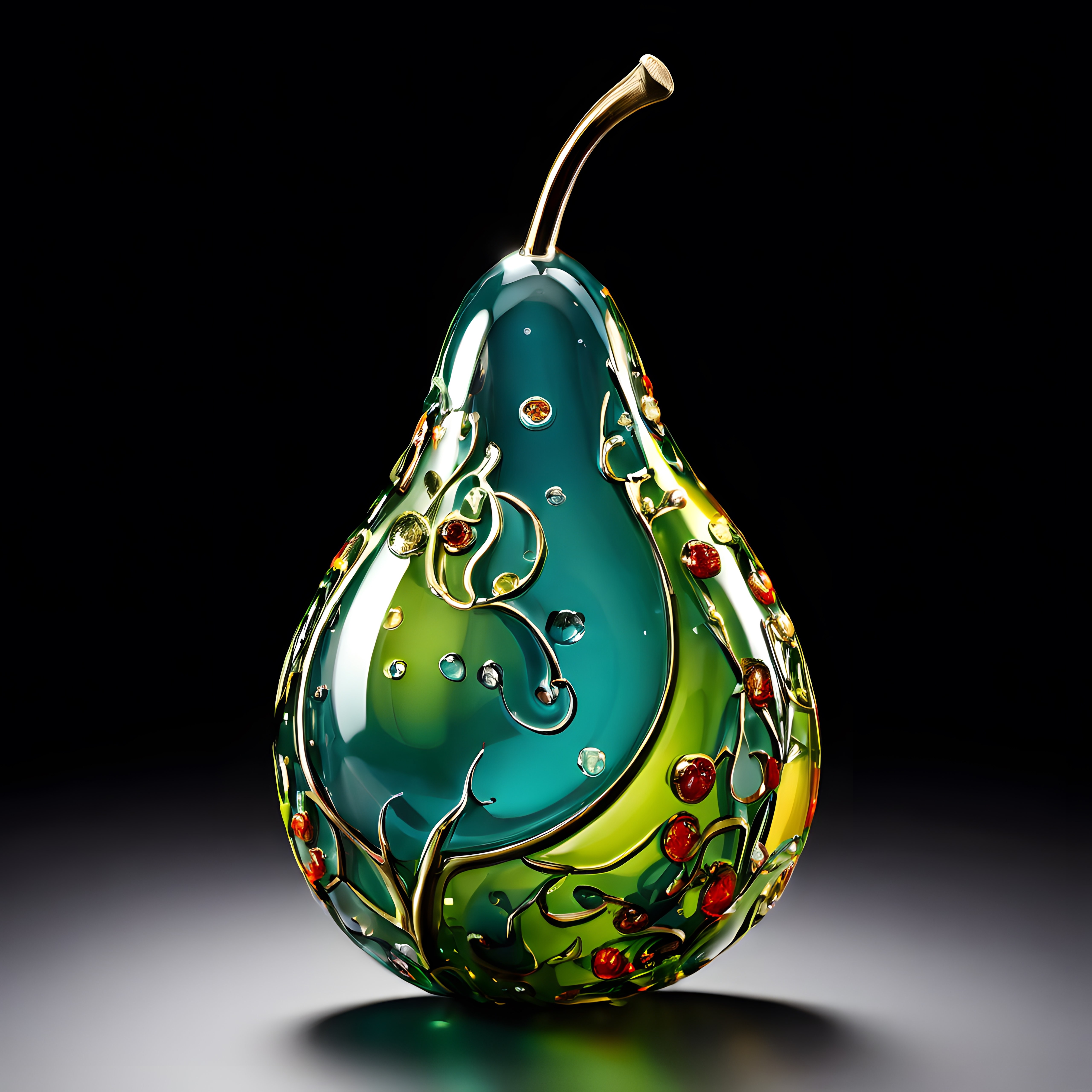 altın işlemeli kristal armut heykelciği ve zarif dekoratif cam sanat eseri