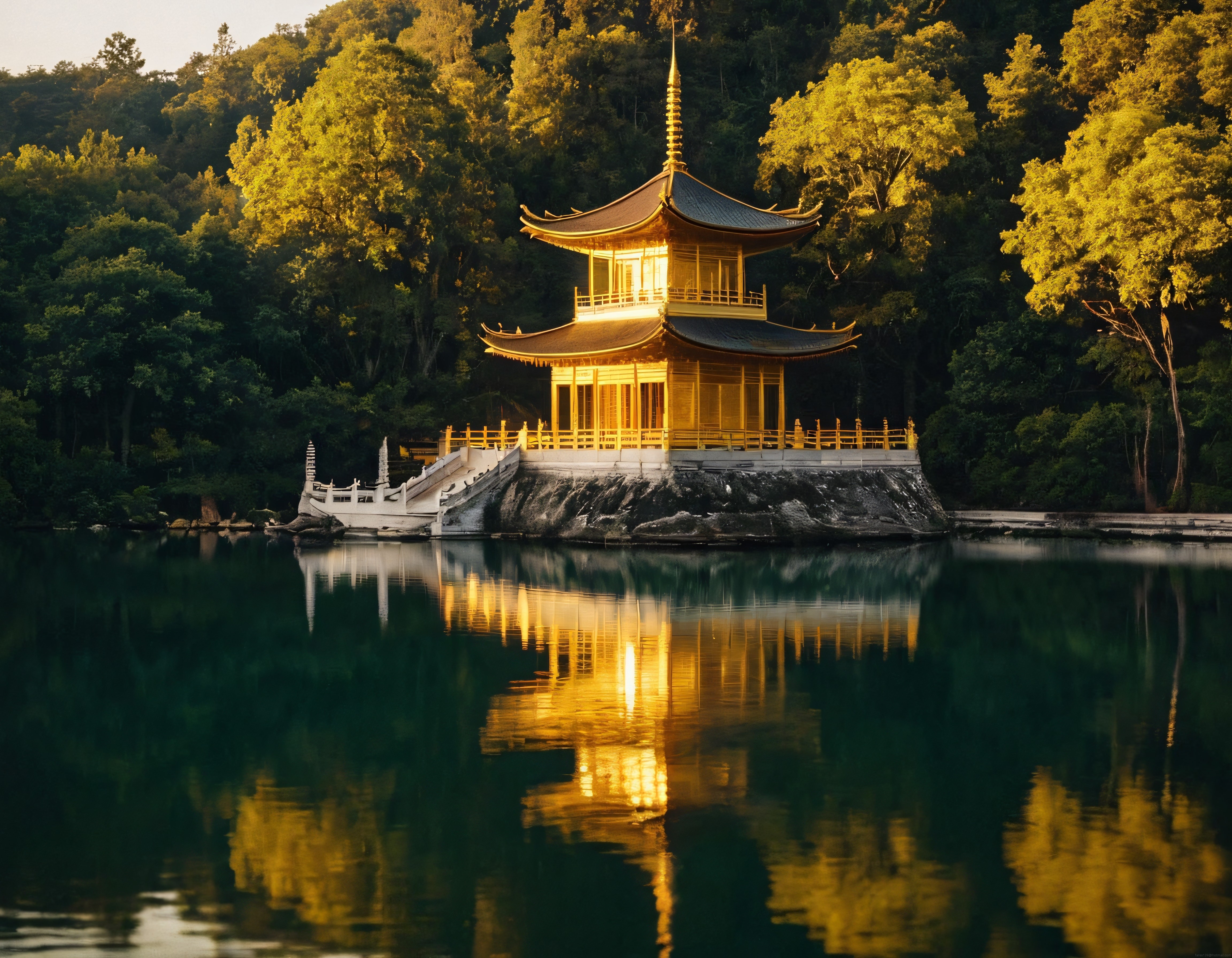 Altın Kaplama Geleneksel Japon Tapınağı ve Göldeki Eşsiz Yansıması