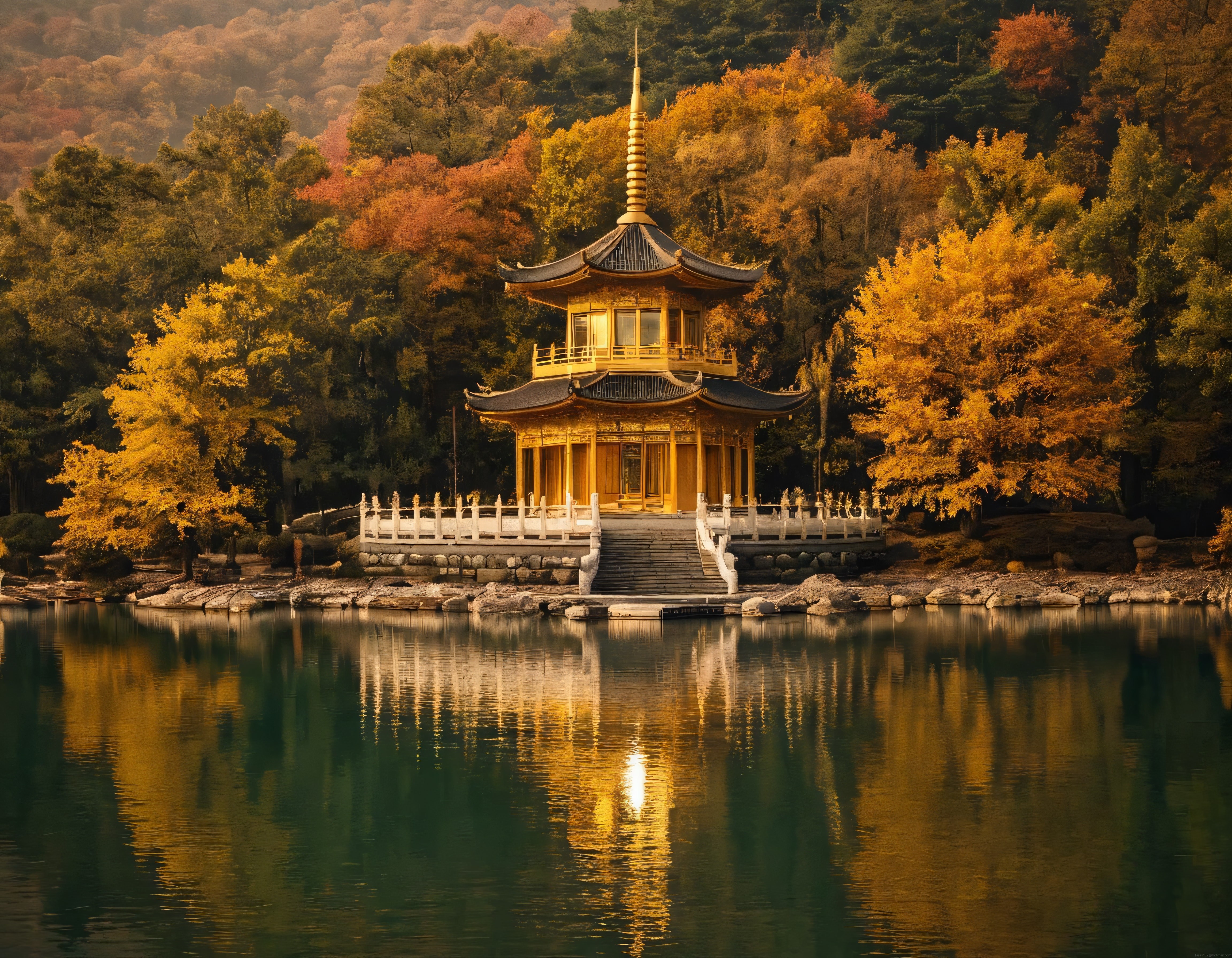 Altın Kaplama Pagoda ve Sonbahar Renkleriyle bezeli Göl Kenarı Manzarası