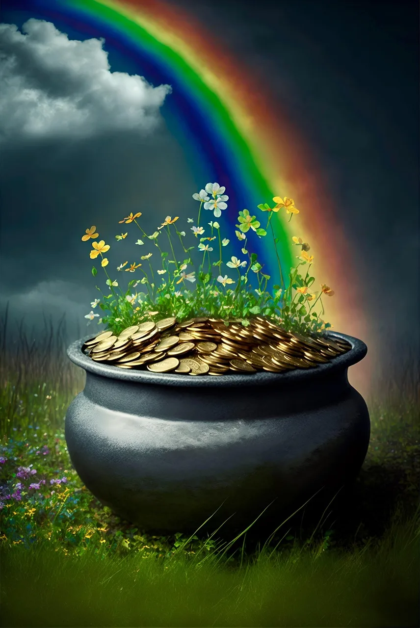 Altın kazanı ve gökkuşağı leprechaun temalı fotoğraf