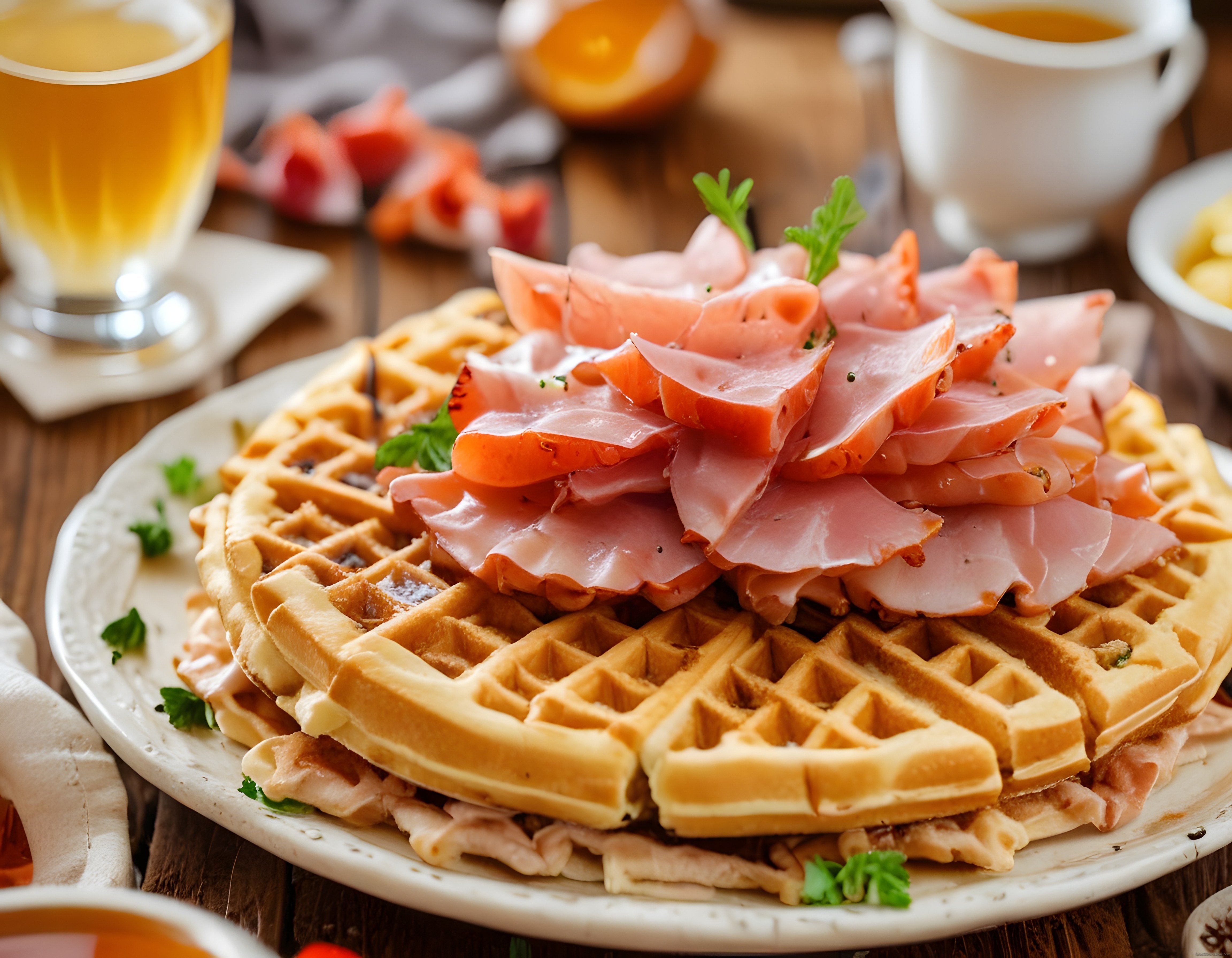 Altın Kıtır Waffle Üzerinde Füme Et ve Domatesle Zengin Kahvaltı Tabağı