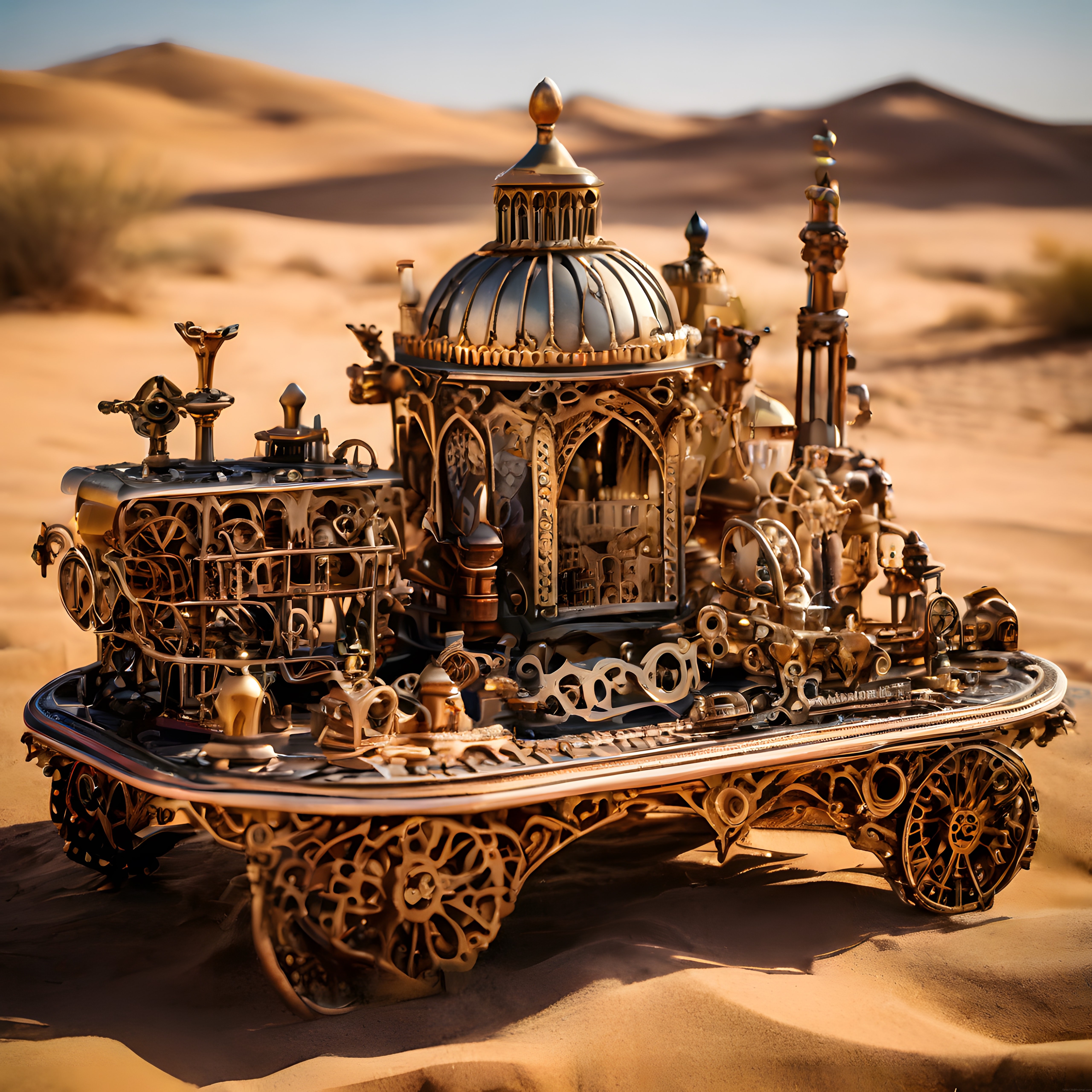Altın Kubbeli Steampunk Çöl Makinesi ve Karmaşık Metal İşçilikli Dijital Sanat