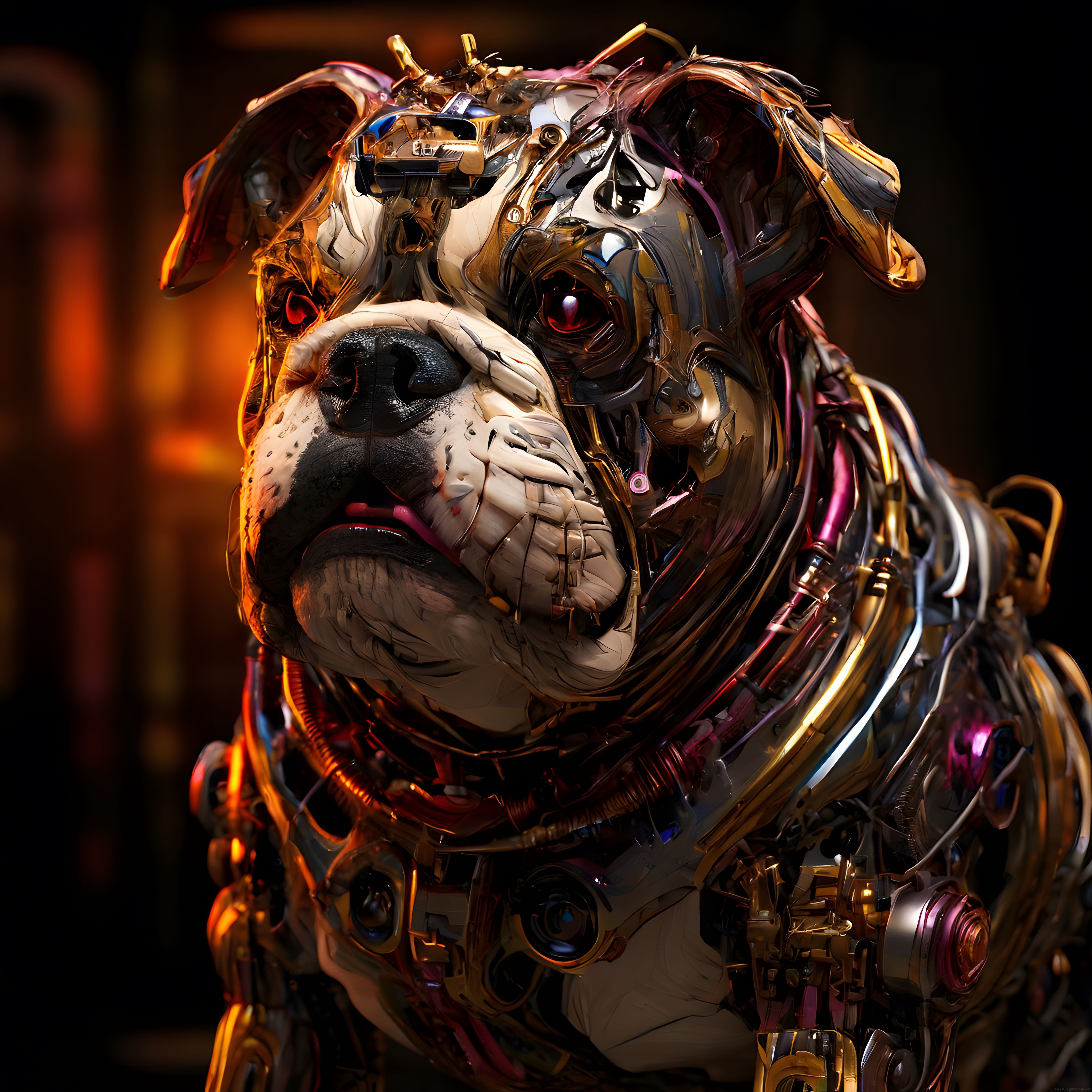 Altın Mekanik Detaylar ve Kırmızı Işıklı Gözlerle Biyo-Mekanik Robot Köpek