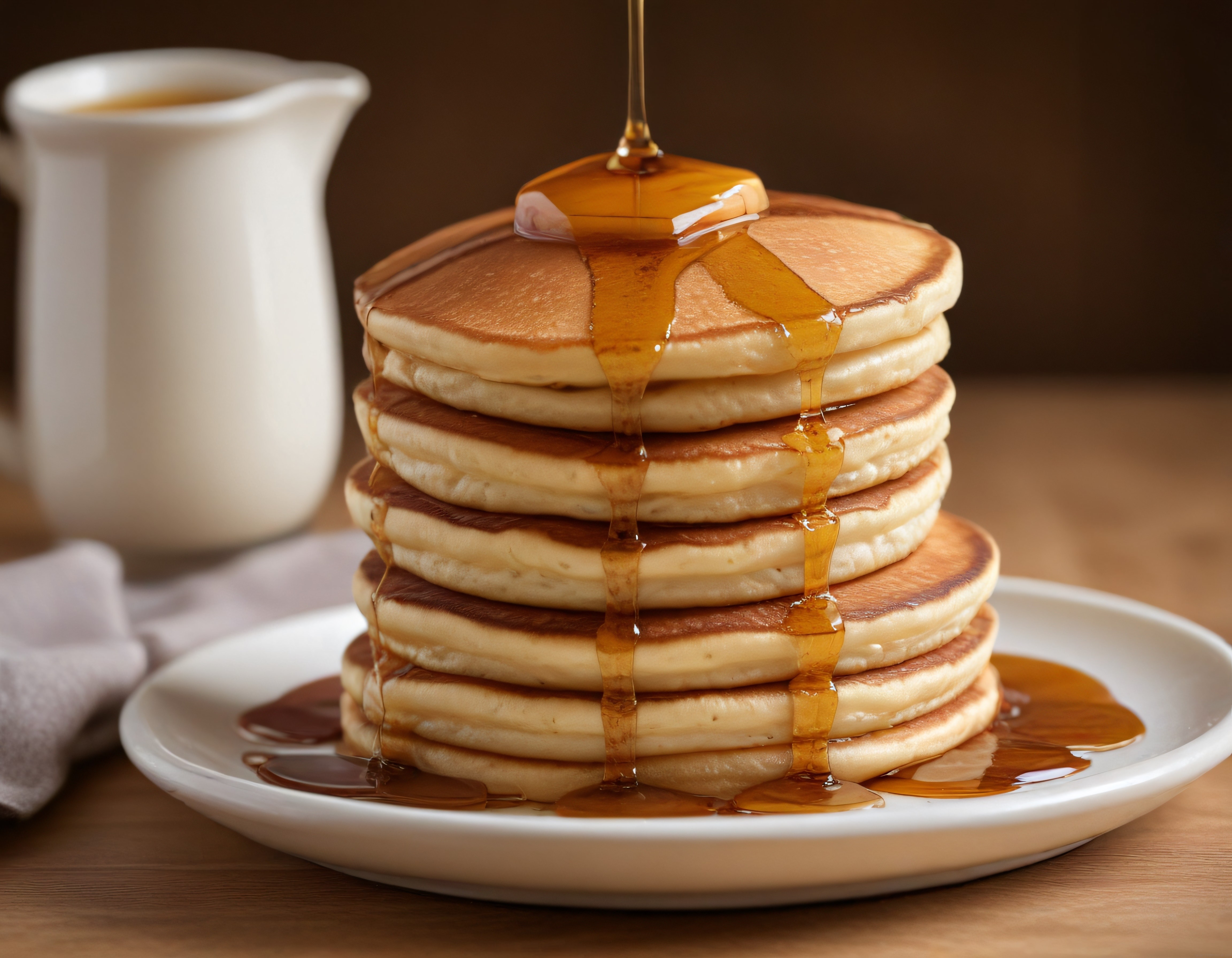 altın rengi akçaağaç şurubuyla buluşan yumuşacık pancake kulesi