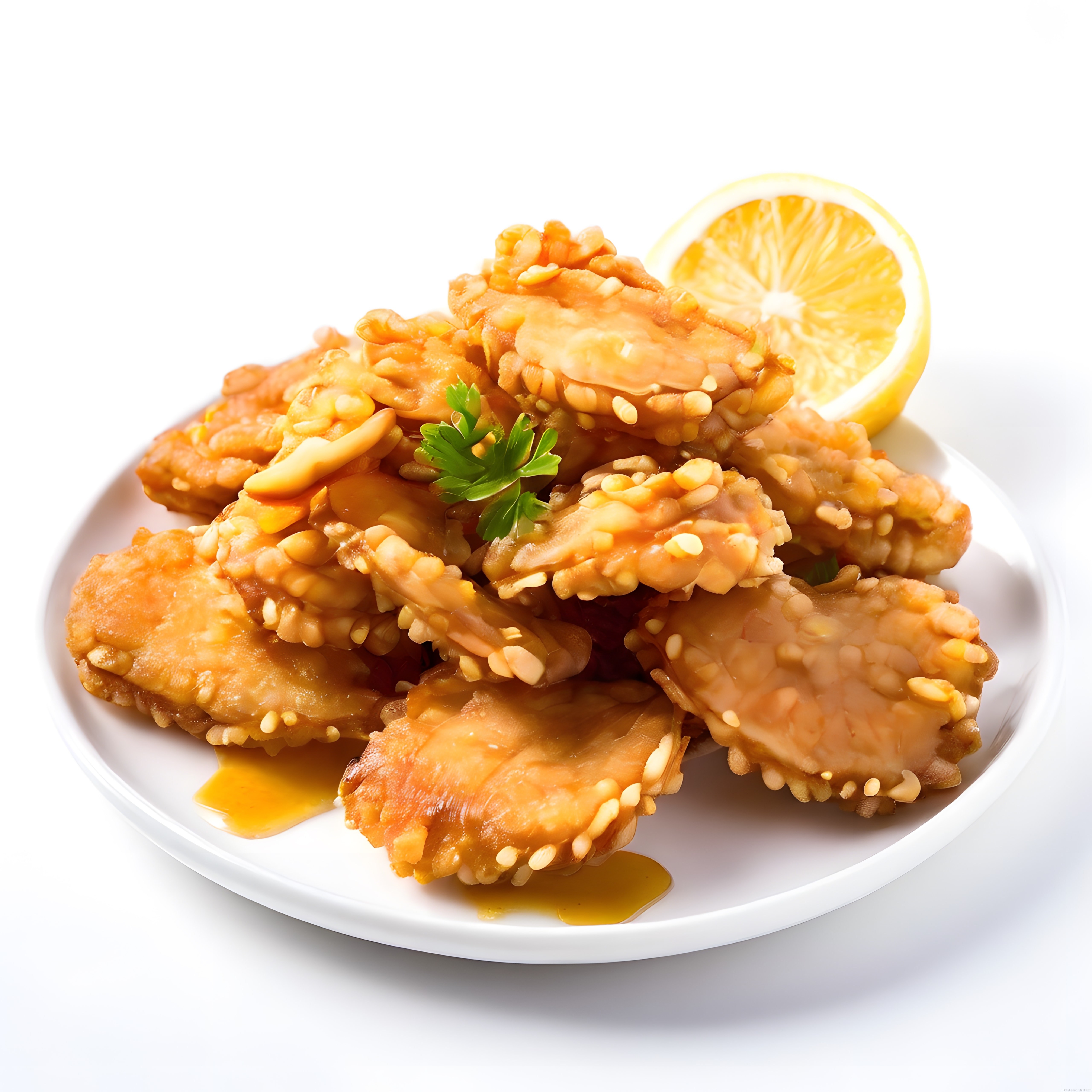 Altın Rengi Bademli Çıtır Tavuk ve Ballı Sos Sunumu Limon Dilimli Beyaz Tabakta