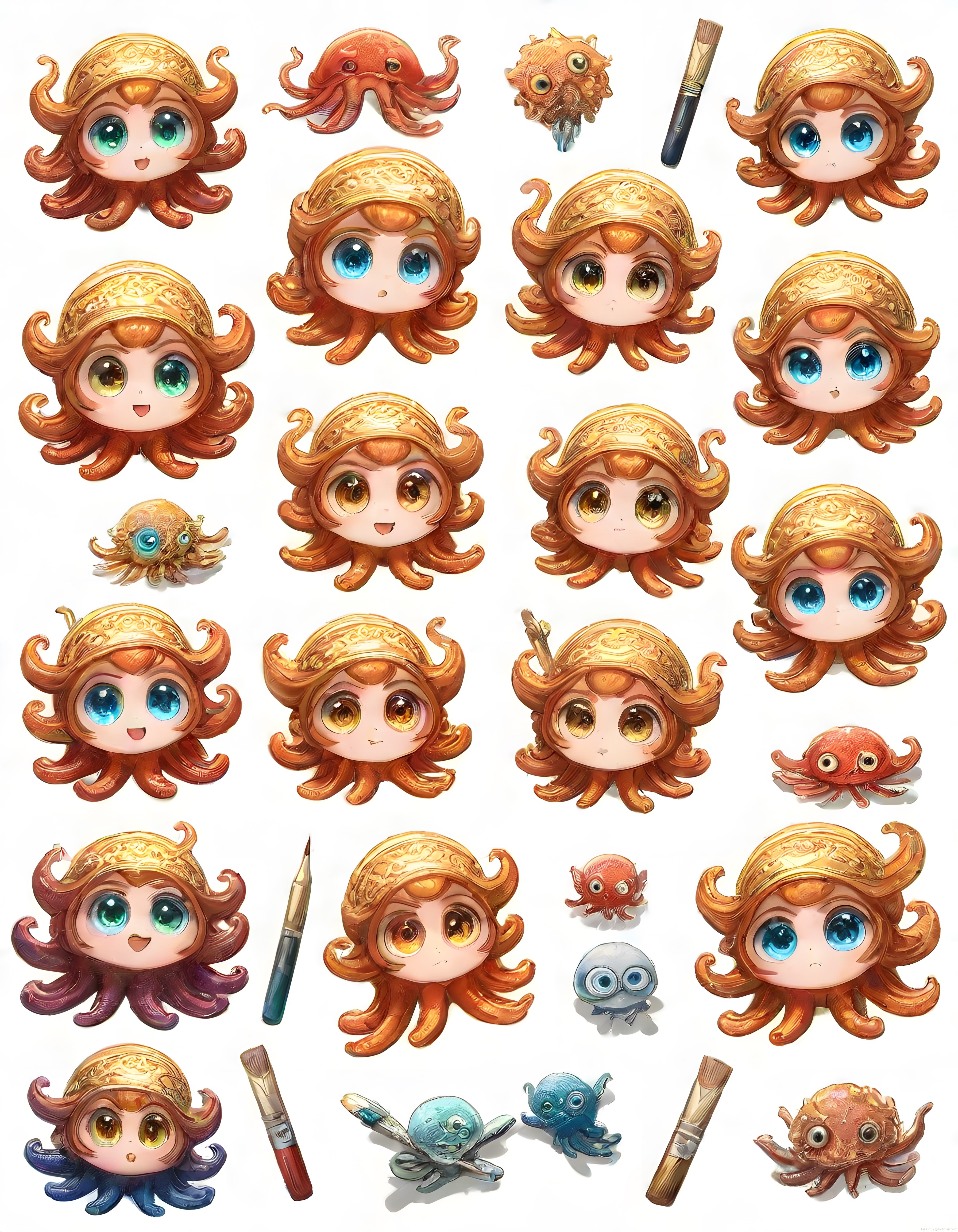 Altın rengi chibi ahtapot kız karakterleri ve sevimli deniz canlısı çizimleri
