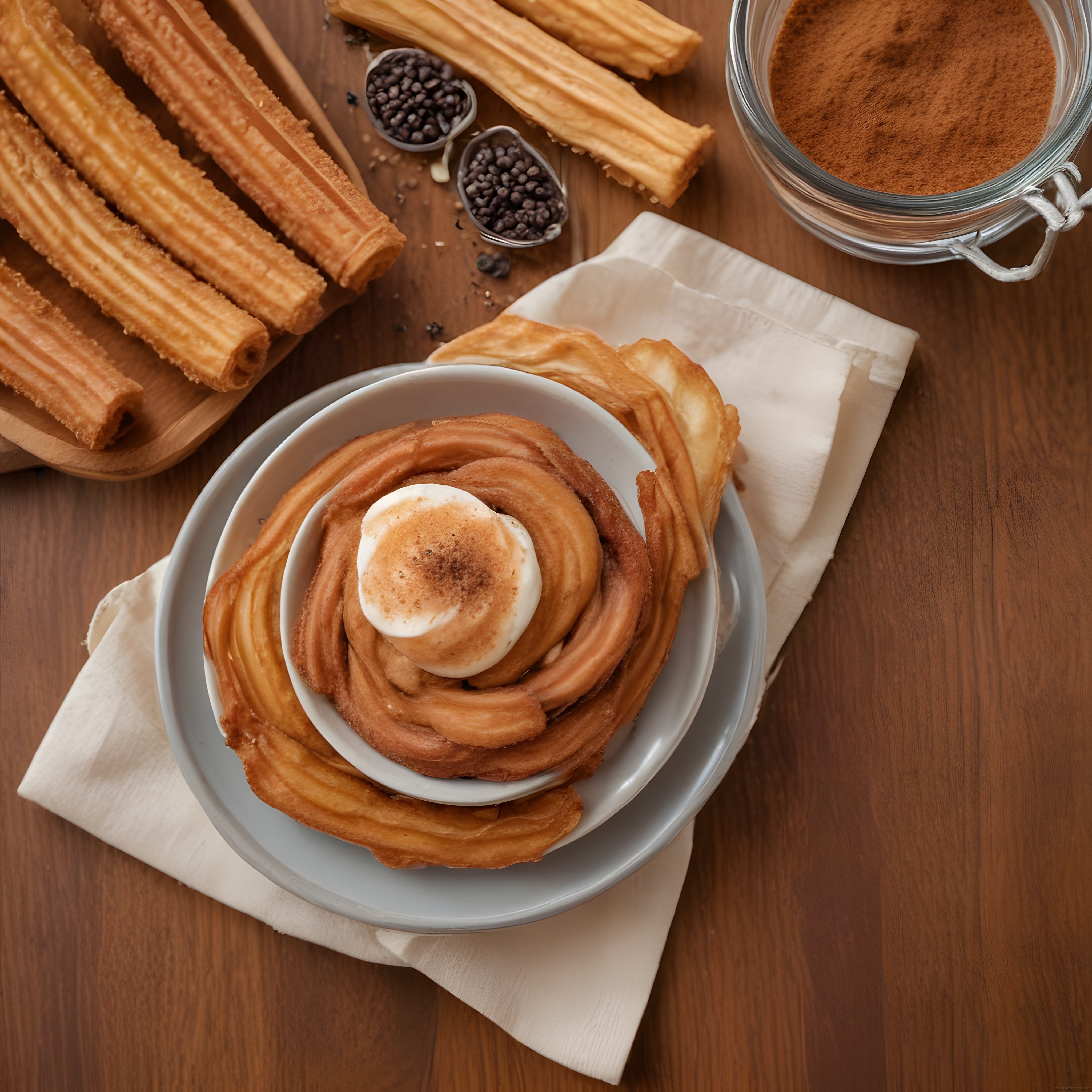 Altın Rengi Churrolar Üzerinde Kremalı Tatlı ve Tarçın Sunumu