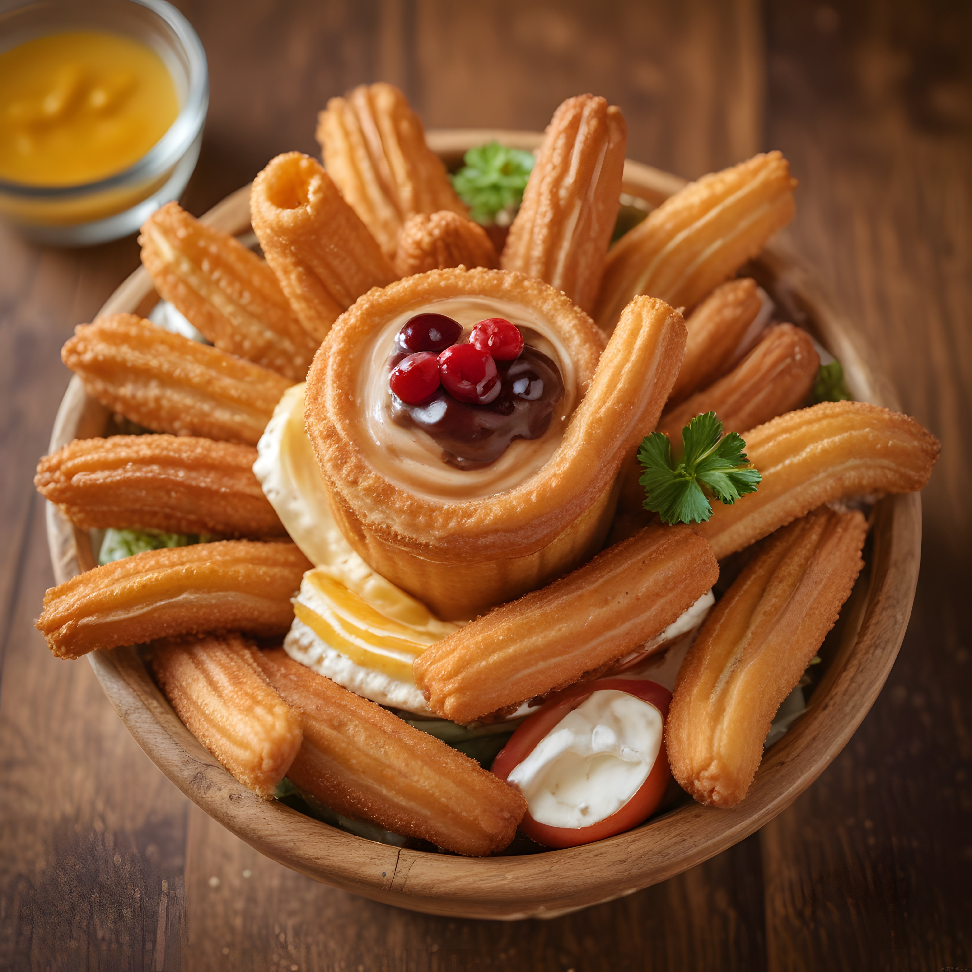 Altın Rengi Churros Kasesi: Çikolata Karamel Sos ve Nar Taneli Şık Sunum
