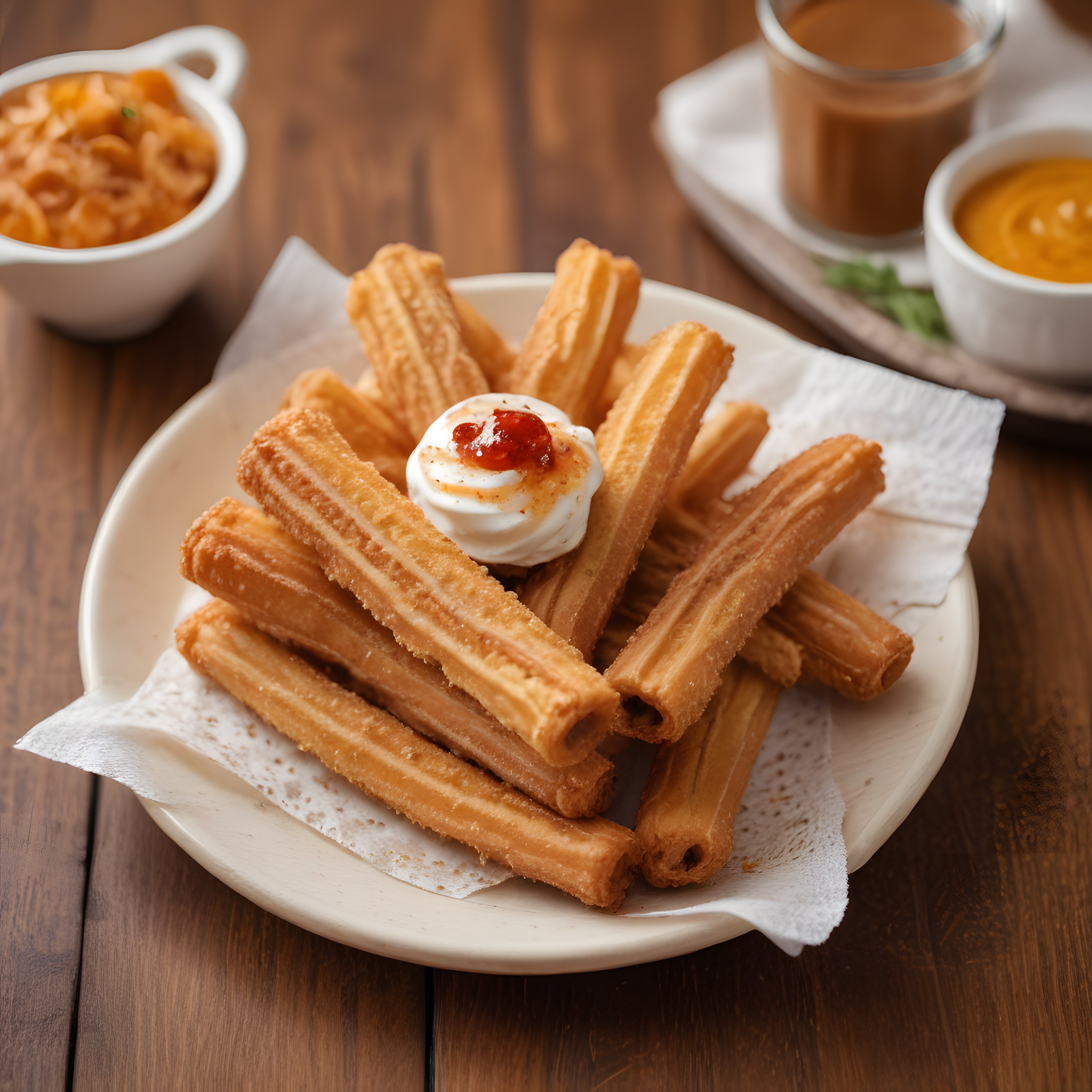 Altın Rengi Churros Tabağı: Krema ve Reçel Eşliğinde Çıtır Lezzet