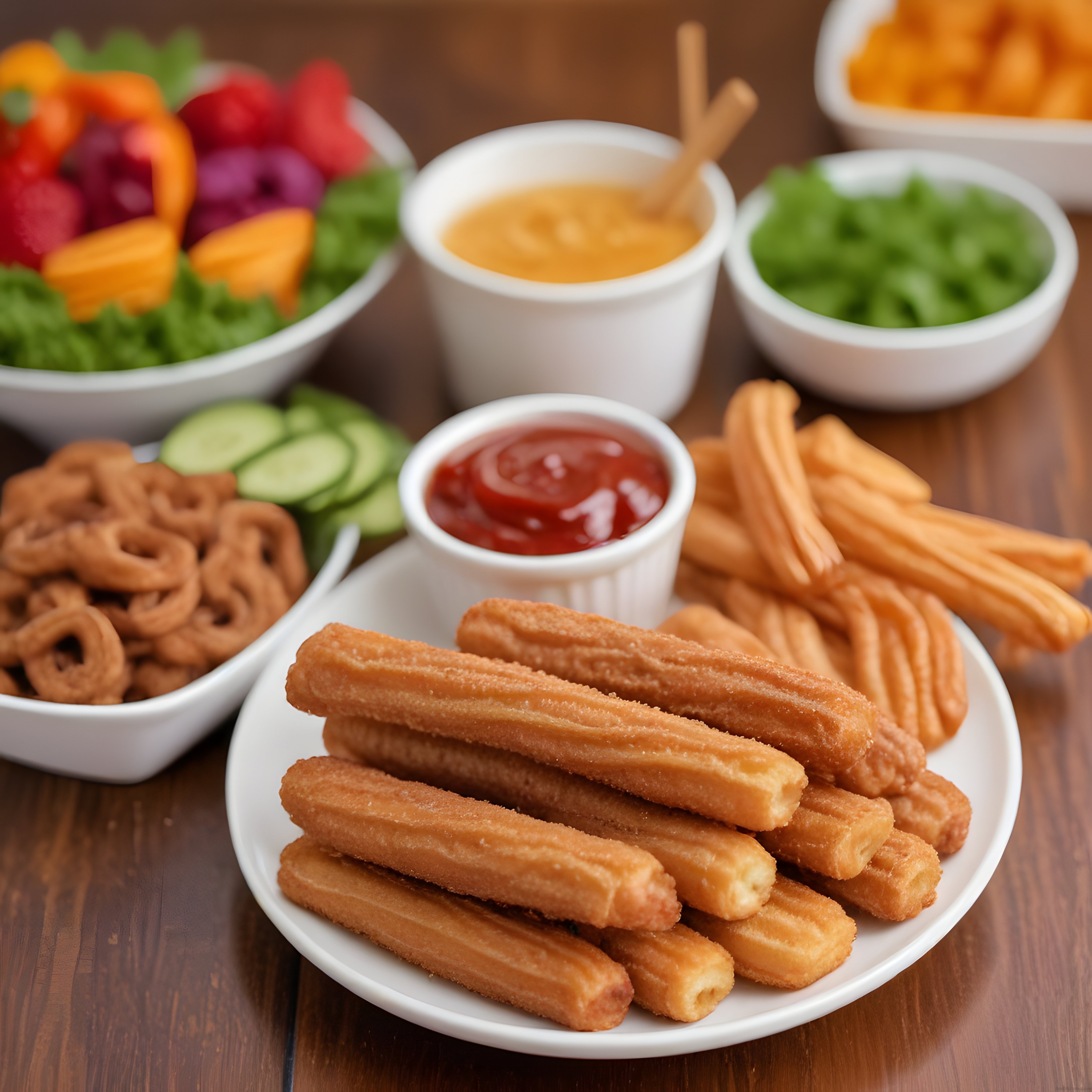 Altın rengi churros ve rengarenk atıştırmalıklarla dolu nefis bir parti masası