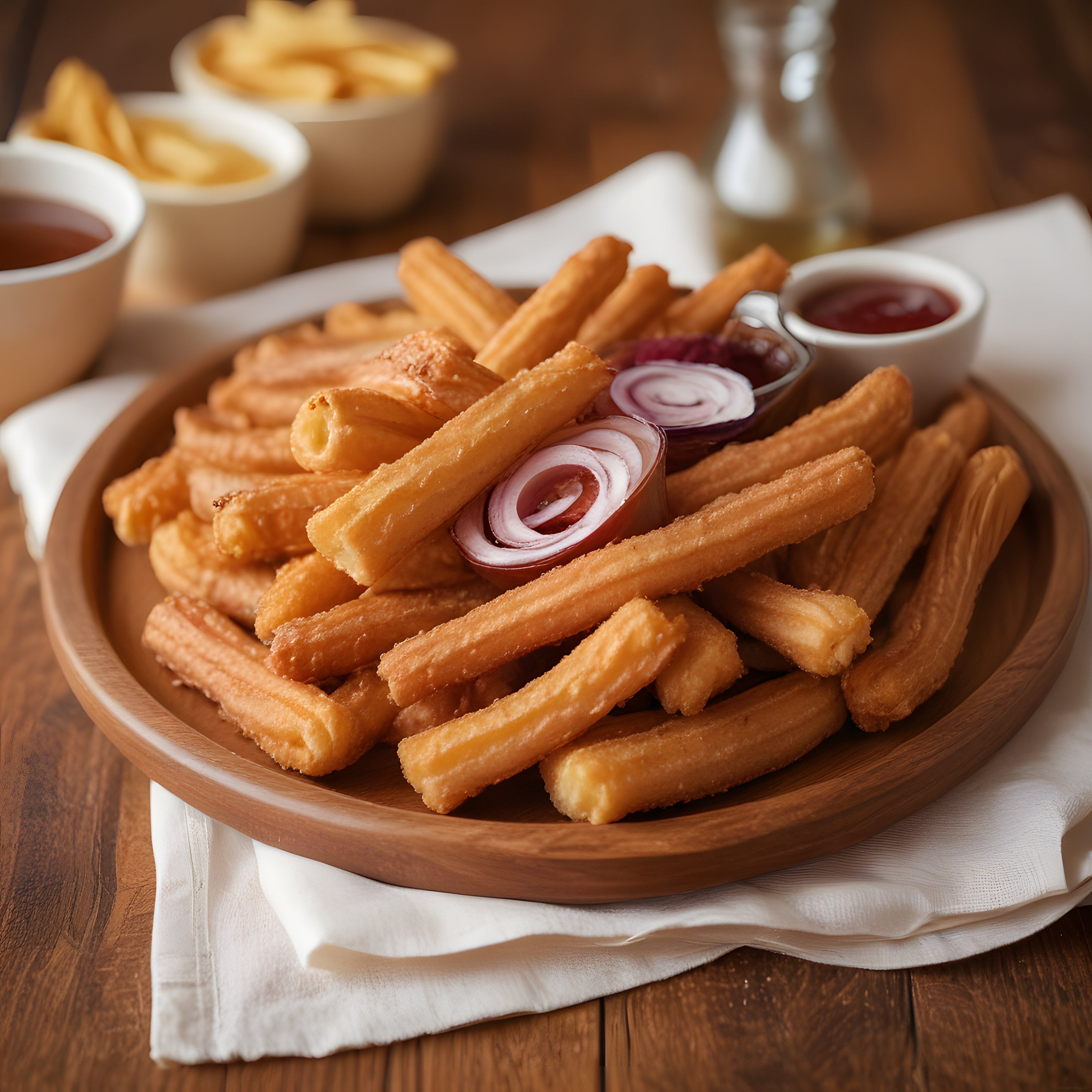Altın Rengi Çıtır Churros Ahşap Sunumda Dip Sos ve Soğan Halkalarıyla