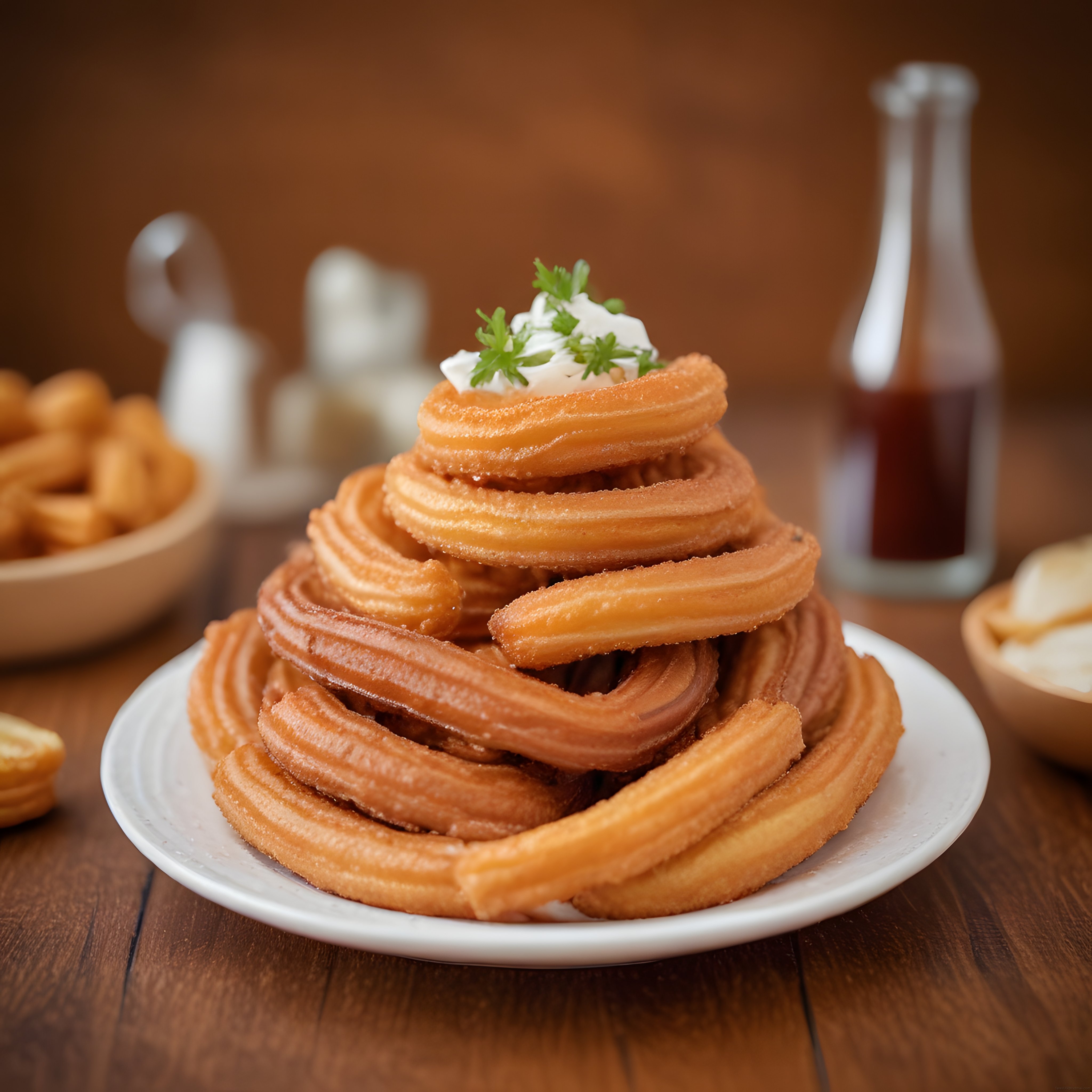 altın rengi çıtır churros kulesi taze krema süslemesiyle rustik ahşap sunum