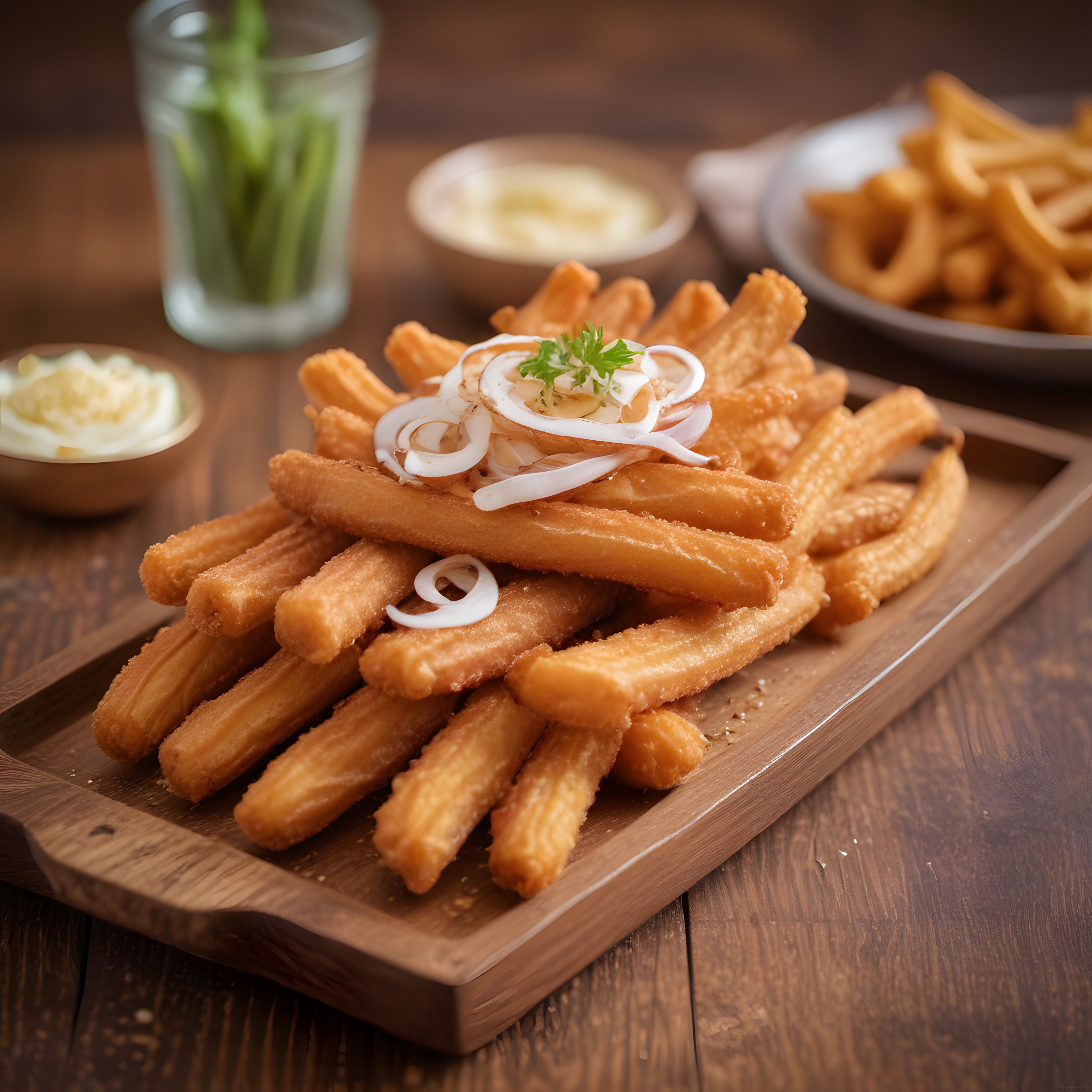 Altın Rengi Çıtır Churros, Soğan ve Soslarla Ahşap Sunum Tahtasında
