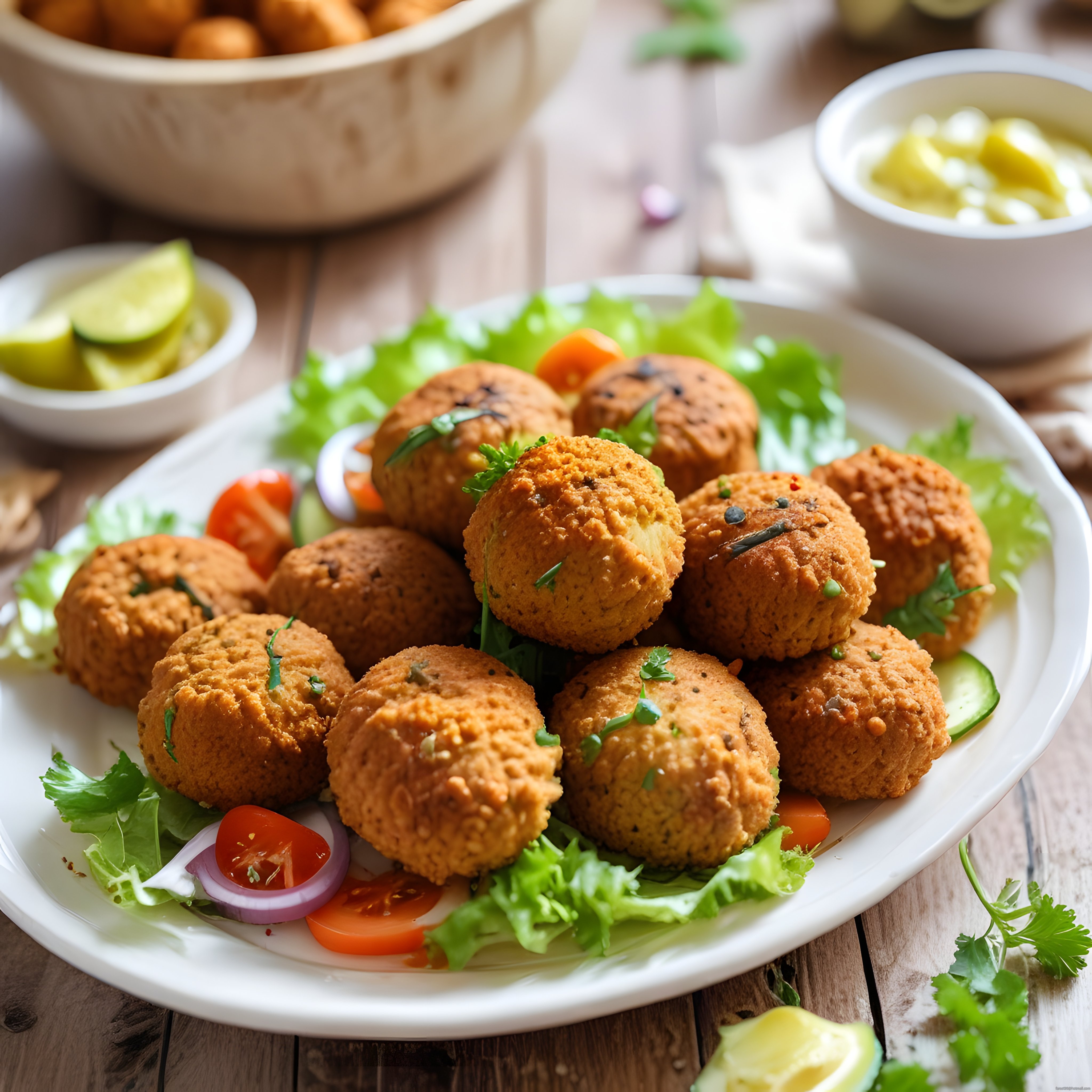 Altın Rengi Çıtır Falafel Köfteleri Taze Salata ve Limon ile Sunum