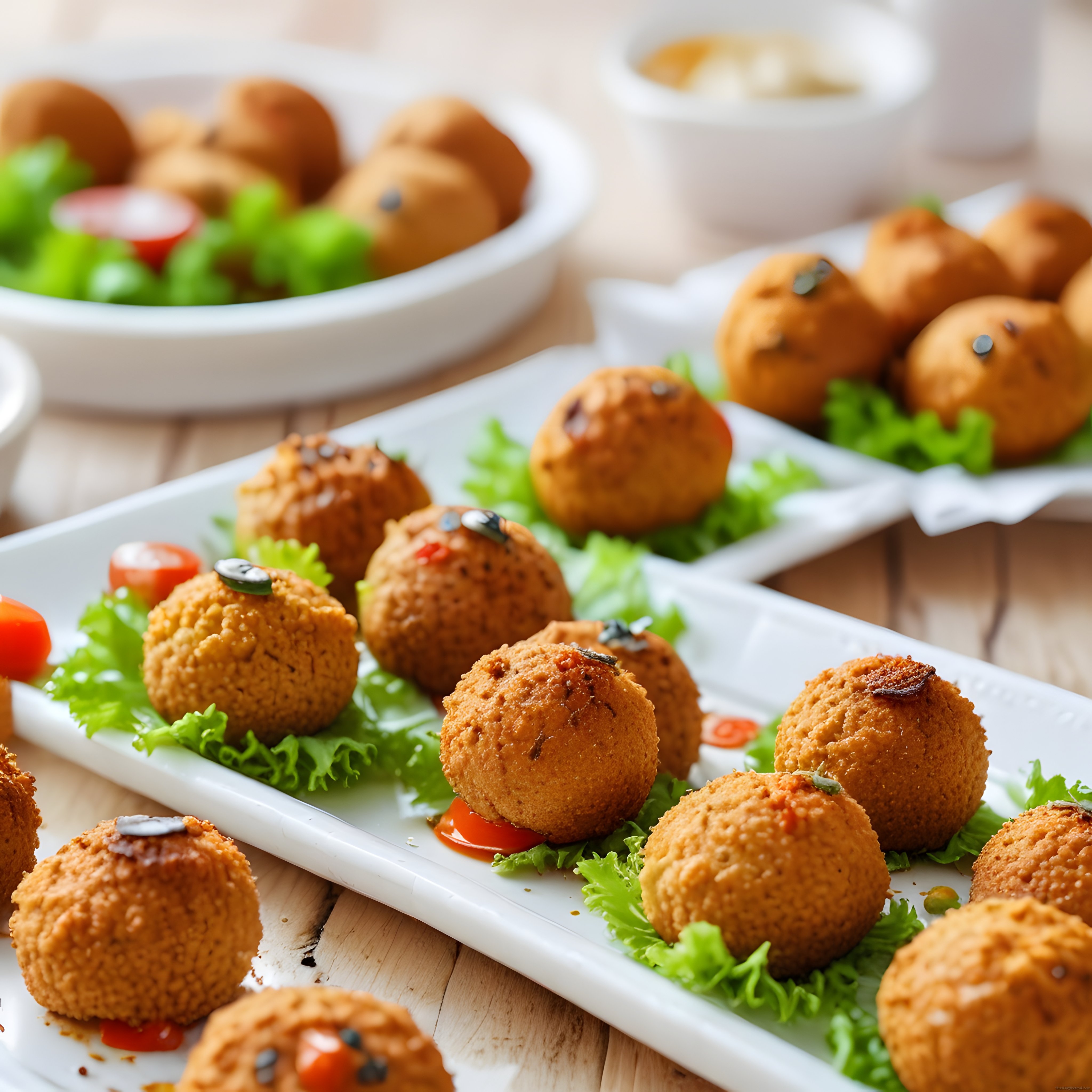 Altın Rengi Çıtır Kaplamalı Köfte Topları ve Yeşilliklerle Restoran Sunumu