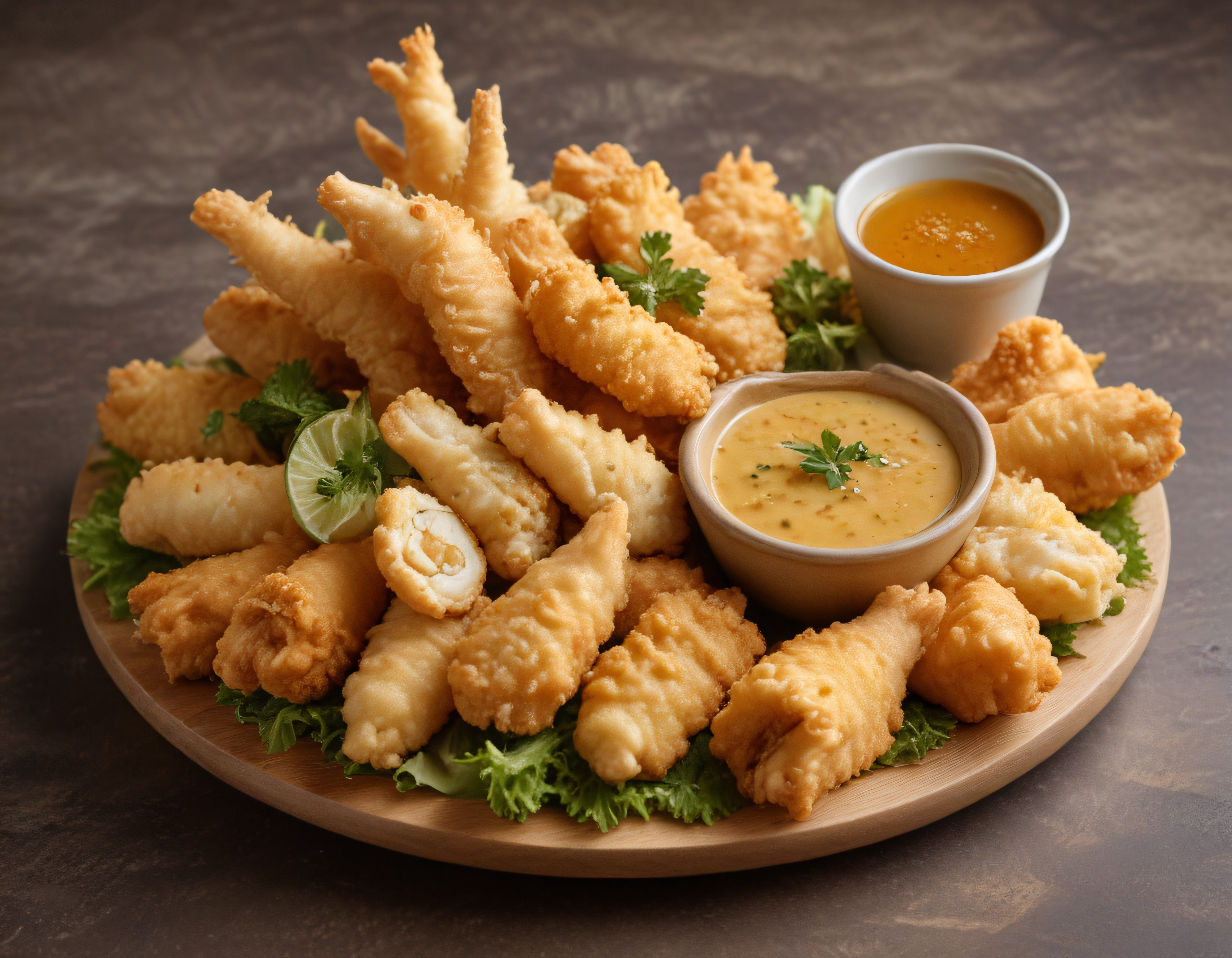 Altın Rengi Çıtır Karides Tempura ve Çift Soslu Özel Sunum Tabağı