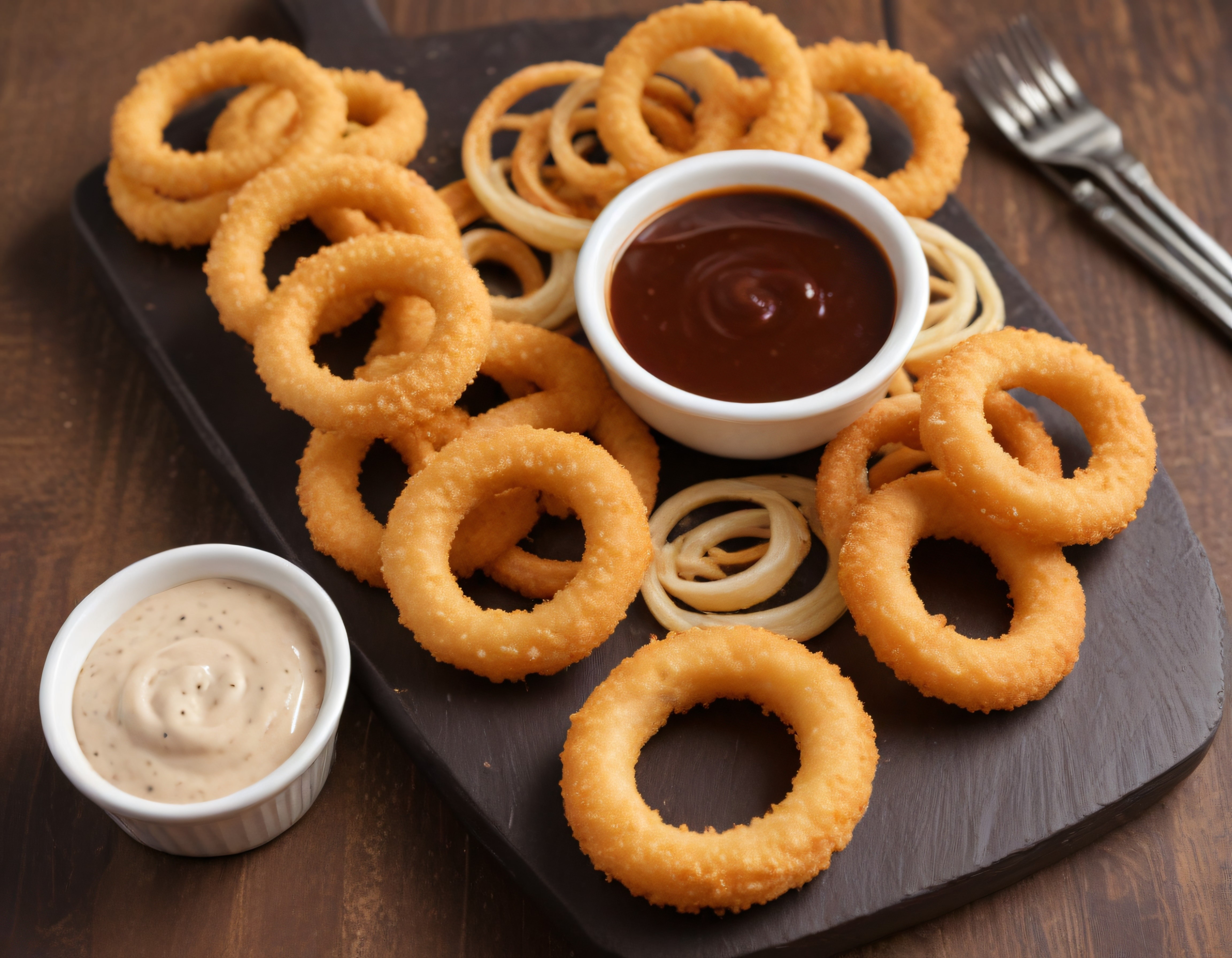 Altın rengi çıtır soğan halkaları, barbekü ve ranch sos eşliğinde nefis atıştırmalık sunum