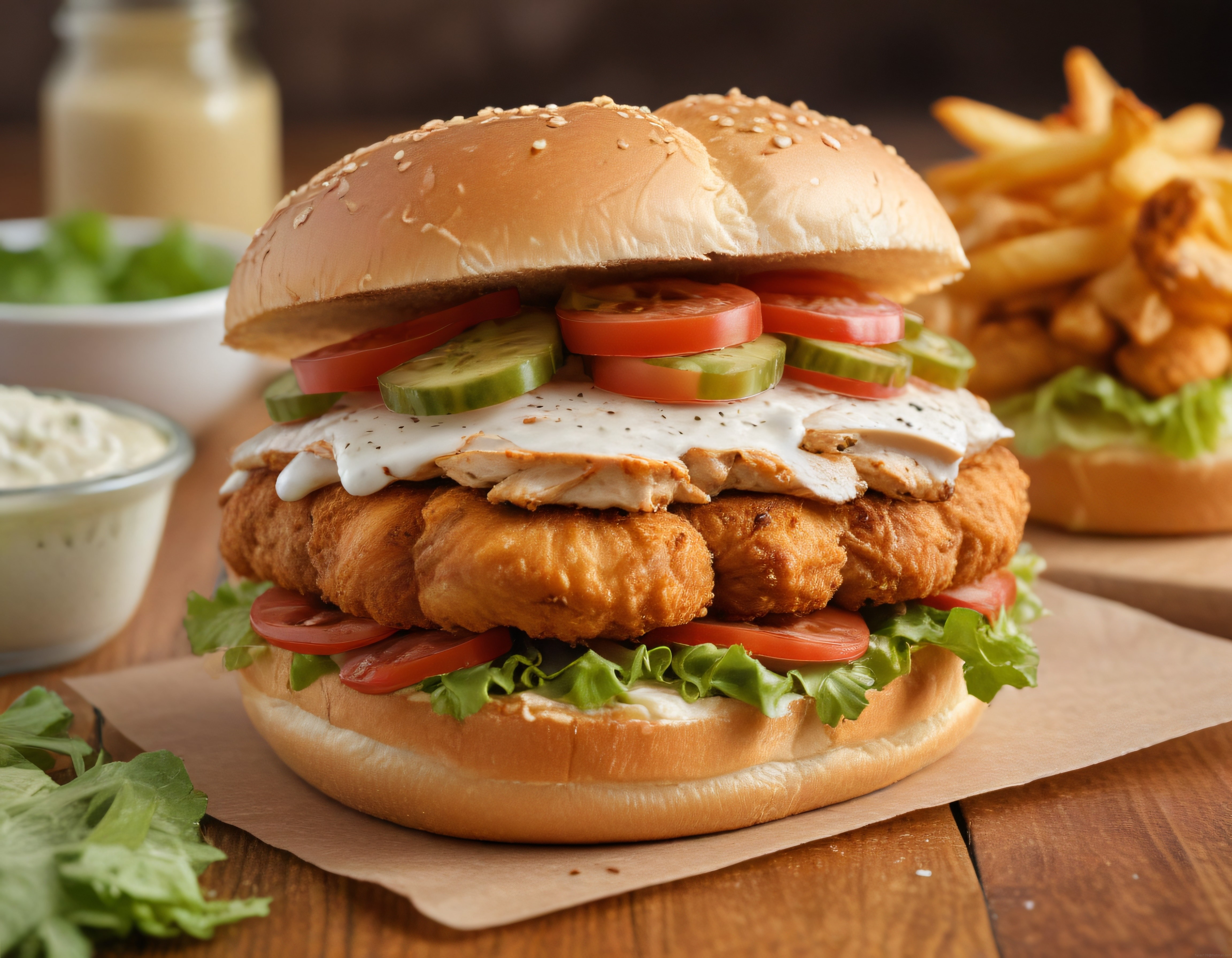 Altın Rengi Çıtır Tavuk Burger ve Patates Kızartması ile Lezzet Dolu Sofra