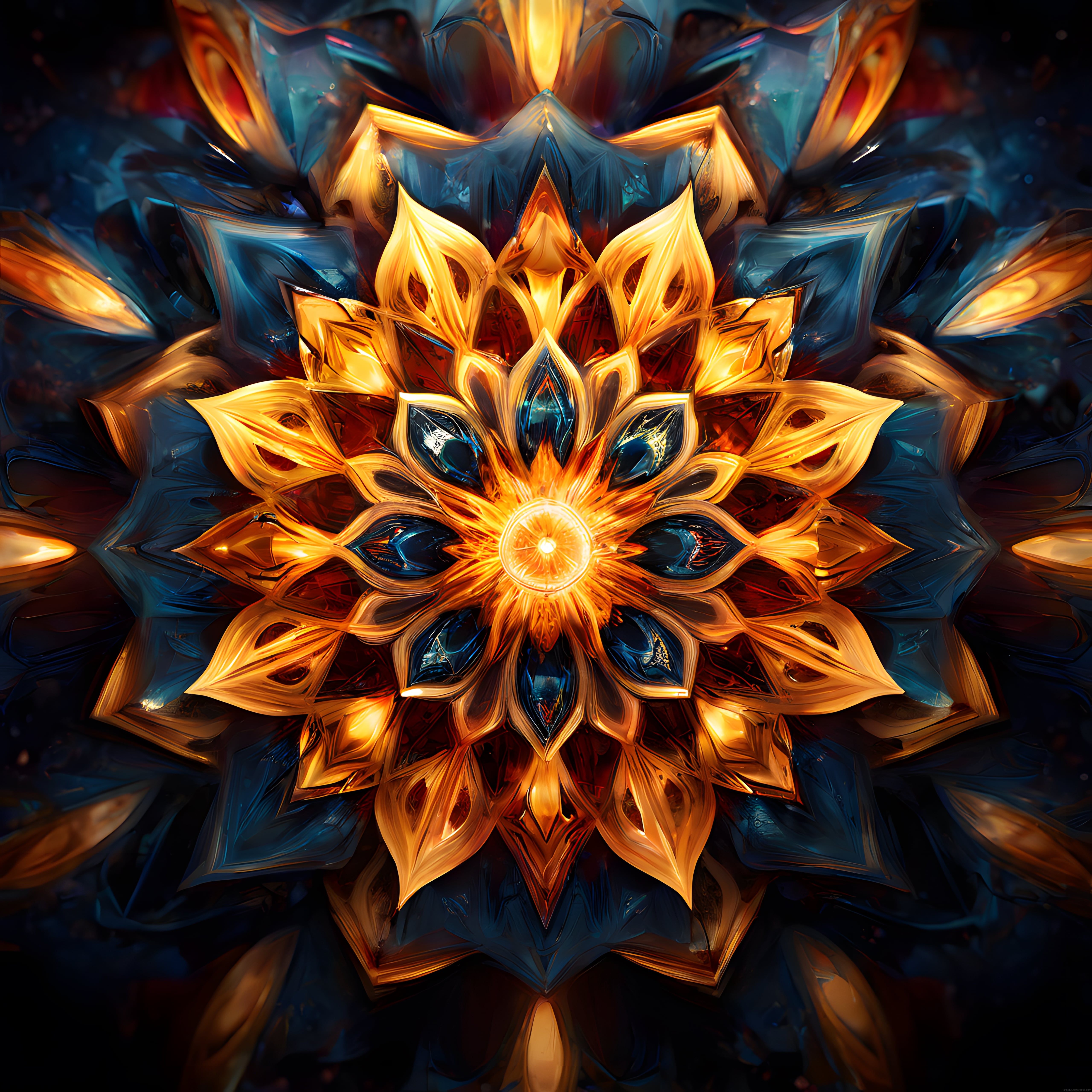 Altın rengi dijital lotus mandala ve mavi kristal tonlarında soyut sanat