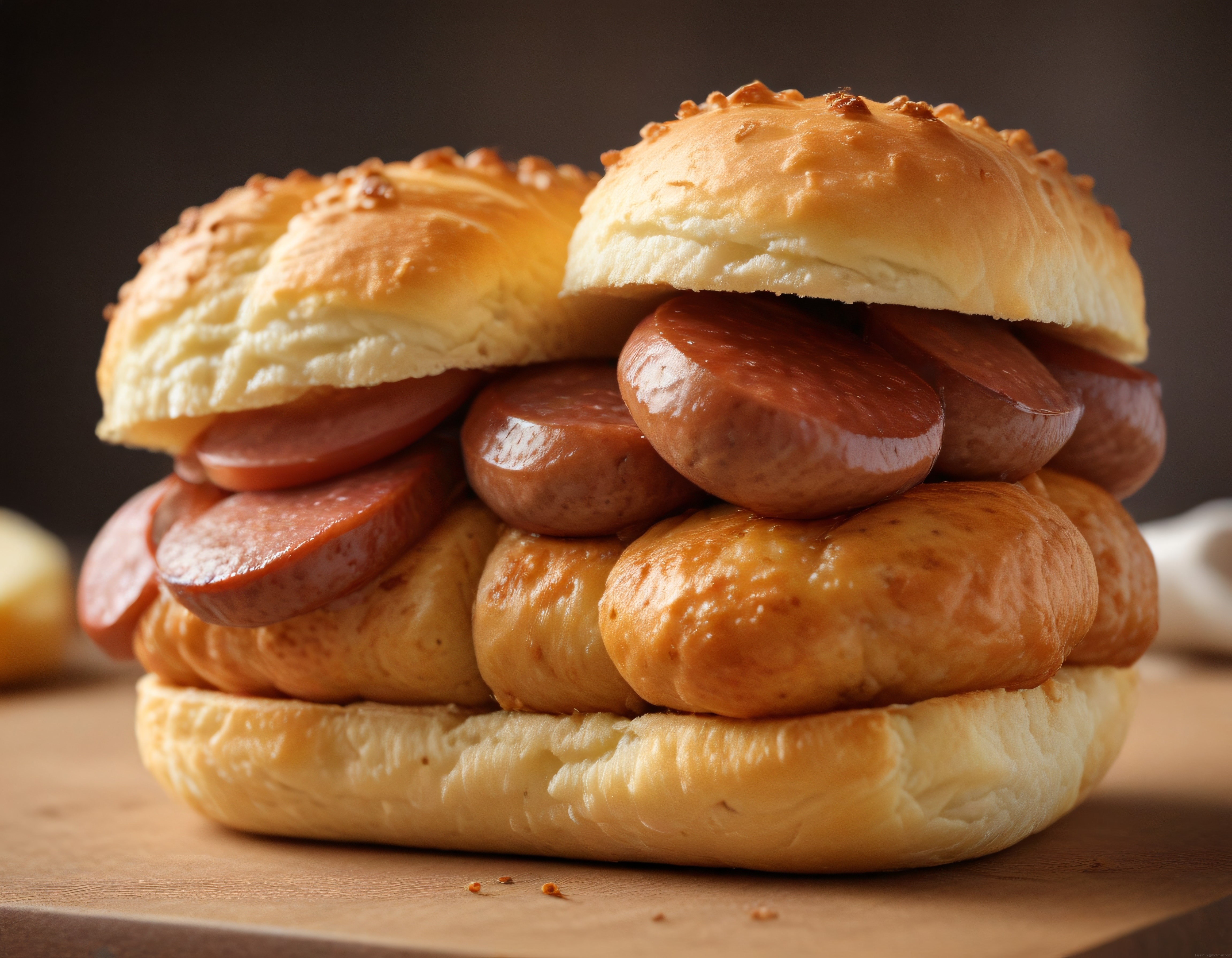 Altın Rengi Ekmek Arası Kızarmış Sosis Dilimleri ile Lezzetli Sandviç