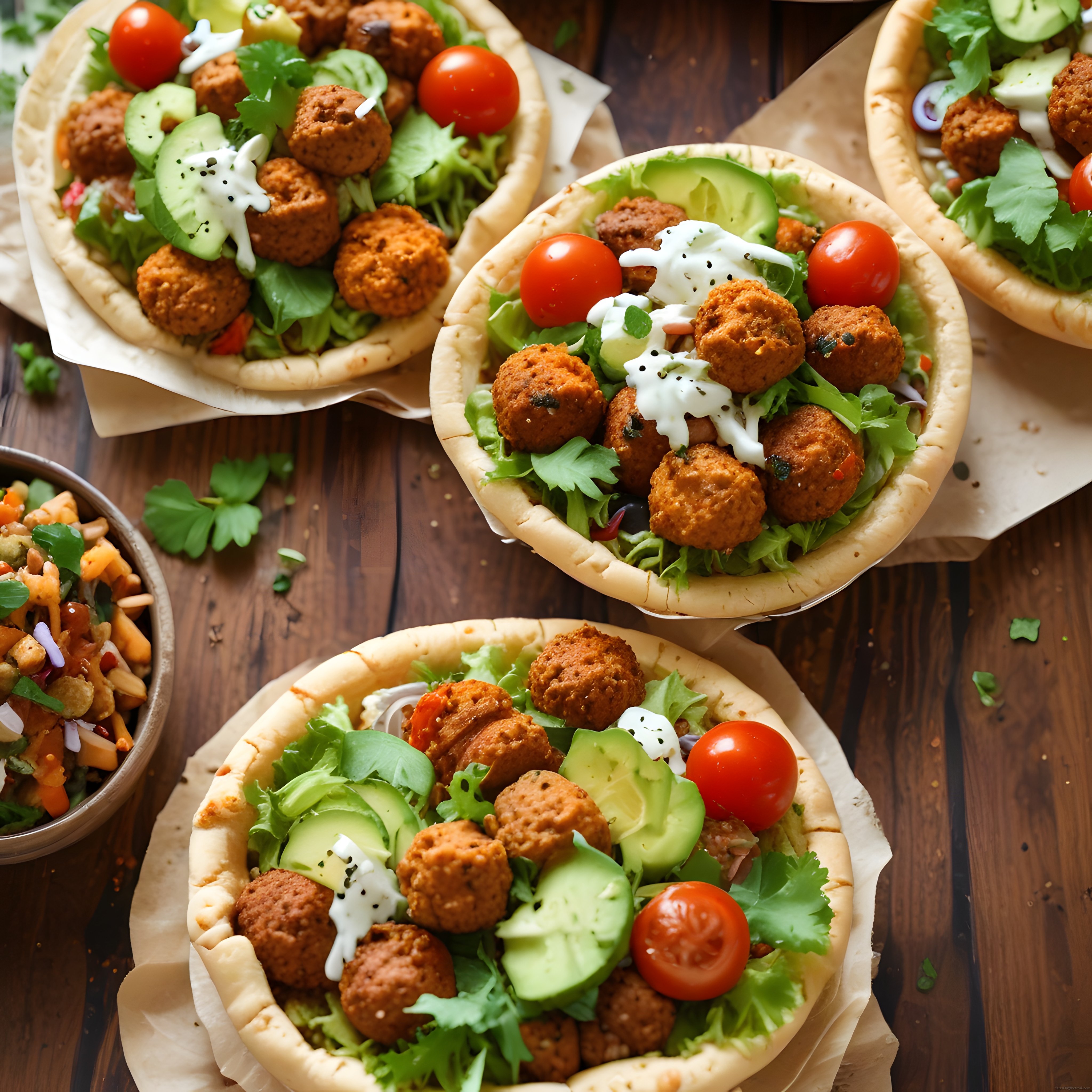 Altın rengi falafel dolgulu pita; taze sebzeler ve yoğurt sos ile leziz sunum